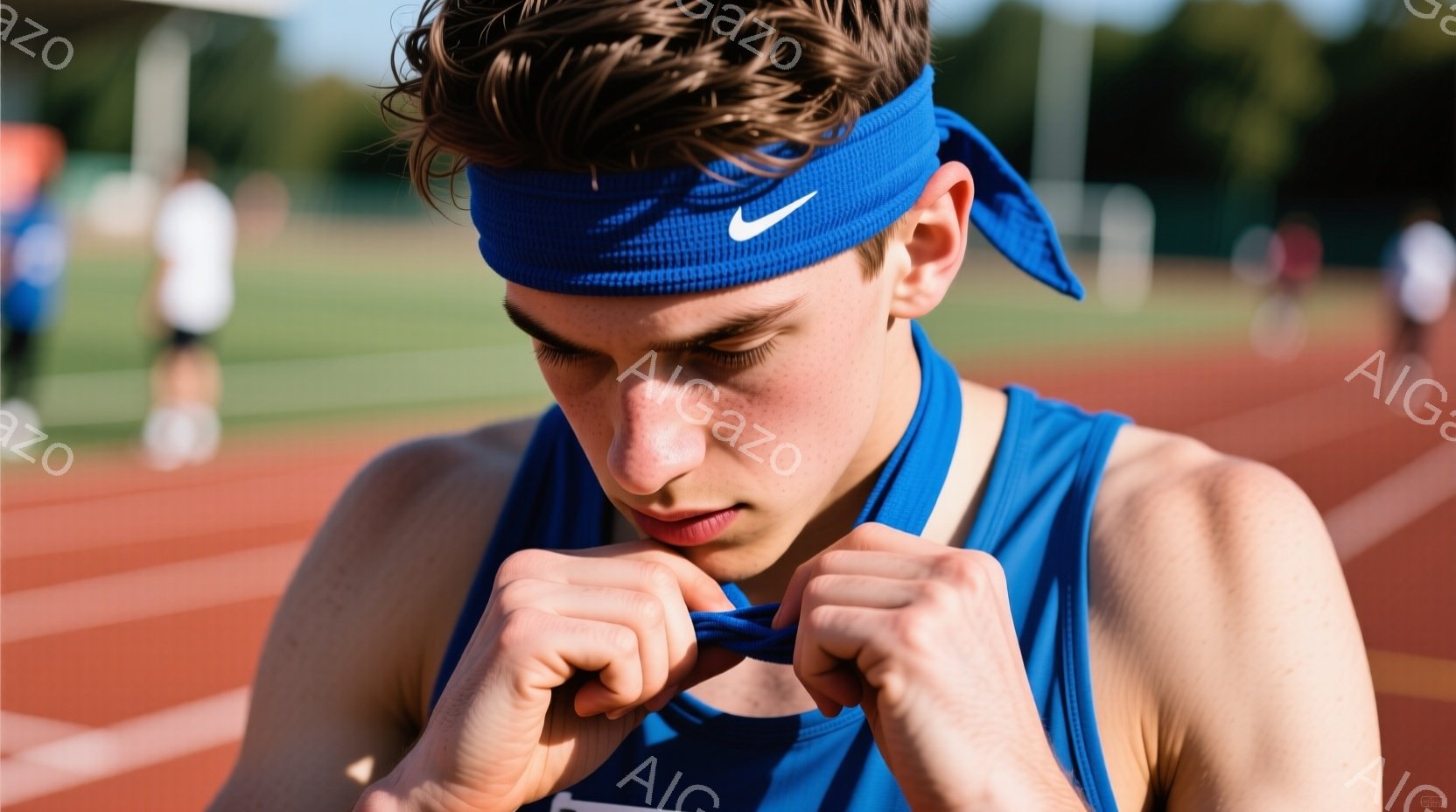 若い男性ランナーが、ターコイズブルーのヘッドバンドと青いタンクトップを着て、ヘッドバンドの結び目を締め直している様子が写っている。彼は少し疲れた表情で、額には汗が滲み、集中した視線を下に落としている。背景には、赤いランニングトラックと緑豊かな木々が見え、晴れた日の屋外でのスポーツイベントの様子を捉えている。