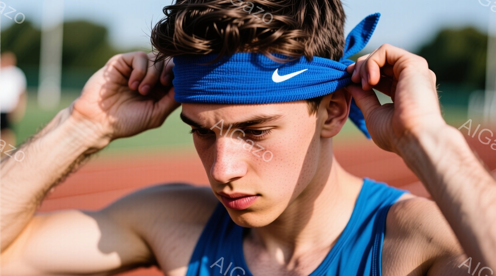 若い男性が競技場のトラックに立っており、青いヘッドバンドを締めようとしています。彼は青いタンクトップを着ており、短くカールした髪を持ち、集中した表情をしています。背景にはぼやけたトラックと建物が見え、晴れた日のスポーツの雰囲気を醸し出しています。