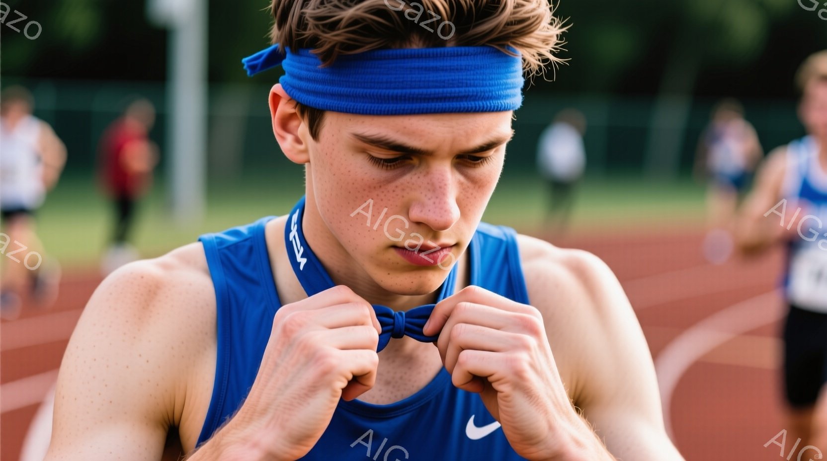競技場のトラック上で、若い男性が青いユニフォームとヘッドバンドを身につけています。彼は集中した表情でユニフォームの結び目を調整しており、額には汗が光っています。背景には他のランナーの姿が見え、緑豊かな自然とトラックの赤い路面が印象的な、競技会の一コマを捉えた写真です。
