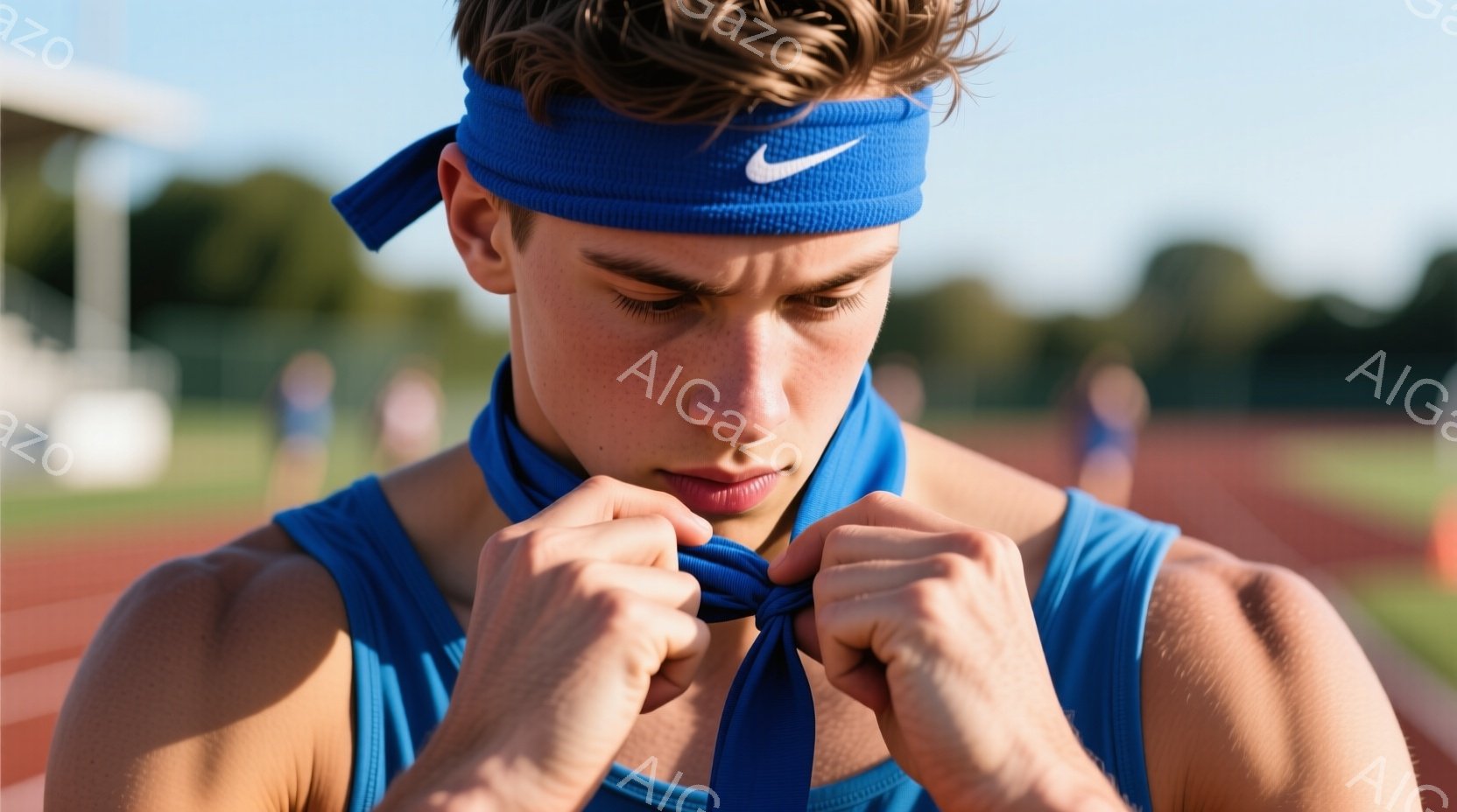 競技場のトラックで、若い男性が青いヘッドバンドを結んでいます。彼は青いタンクトップを着ており、茶色の髪は少し無造作にセットされています。背景には緑の芝生とトラック、そしてぼやけた建物が見え、晴れた日の - AI生成フリー素材