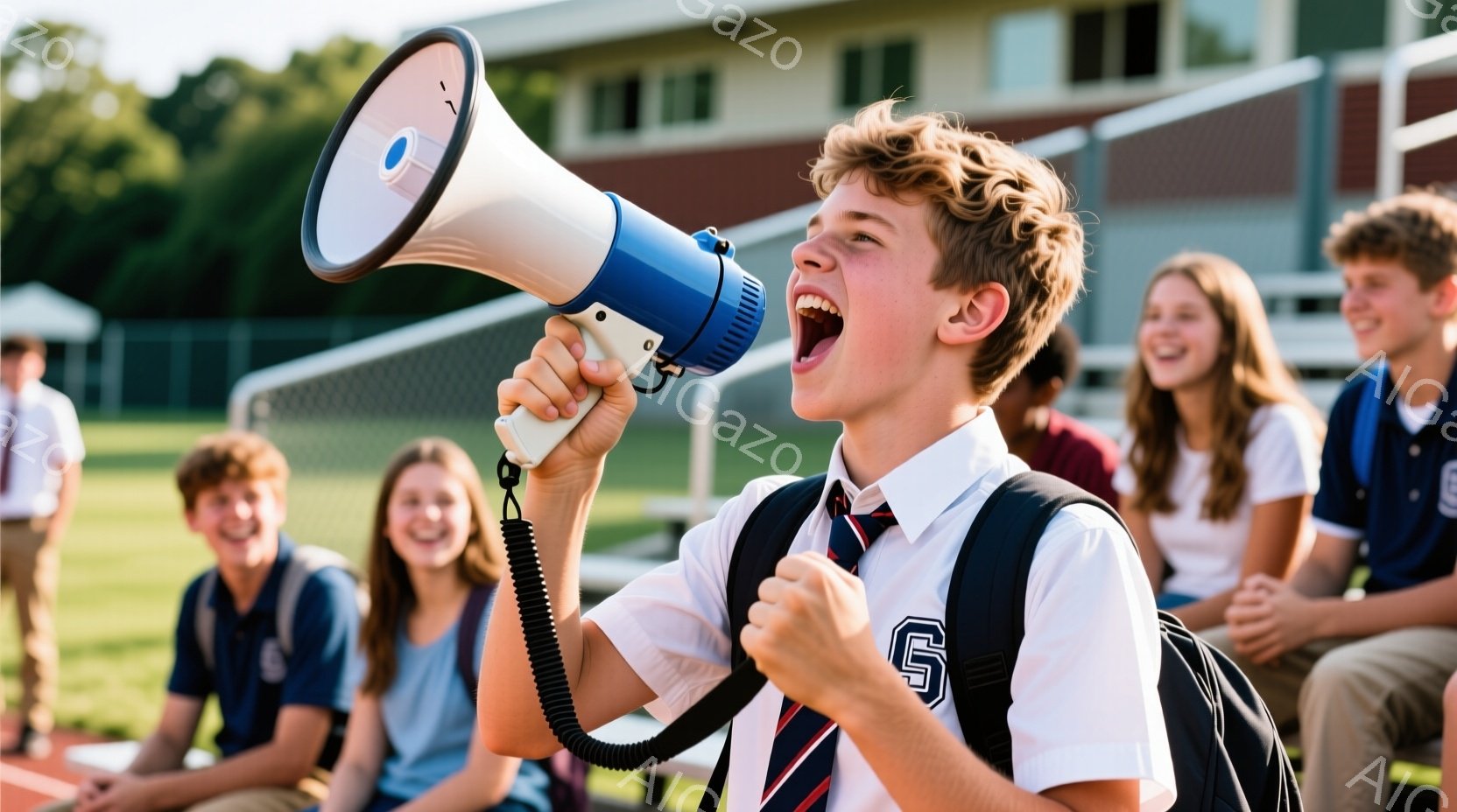若い男性が拡声器で叫んでおり、非常に興奮した表情をしています。彼は制服のようなシャツとネクタイを着用し、リュックサックを背負っています。背景には、他の生徒たちが座っており、トラックと建物の見える屋外の競技場のような場所です。