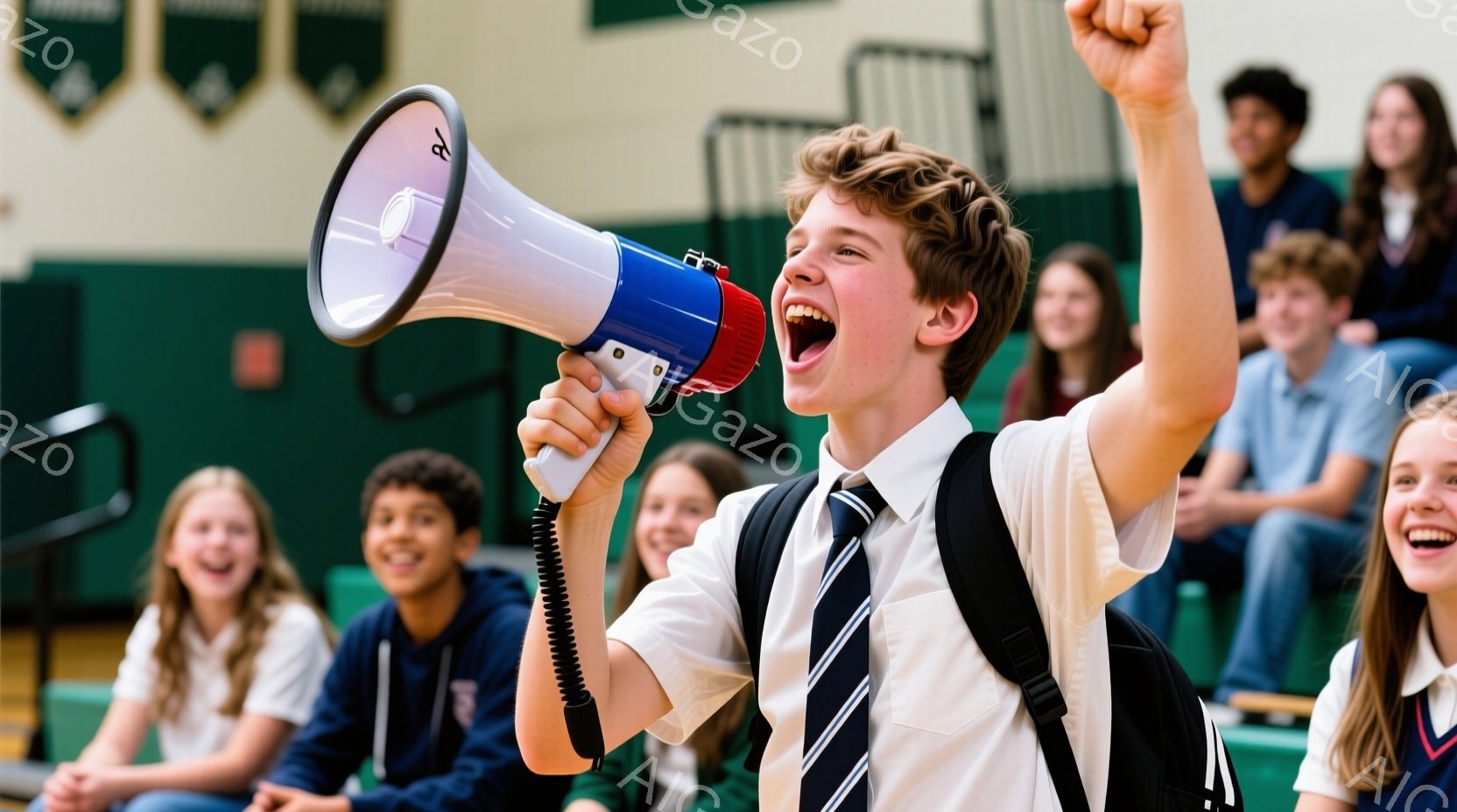 白いシャツにネクタイ、紺色のブレザーを着た少年が描かれています。彼は片手にメガホンを持ち、興奮した表情で叫んでいます。背景には、観客席に座る他の生徒たちがおり、体育館のような室内で、熱狂的な雰囲気が漂っています。