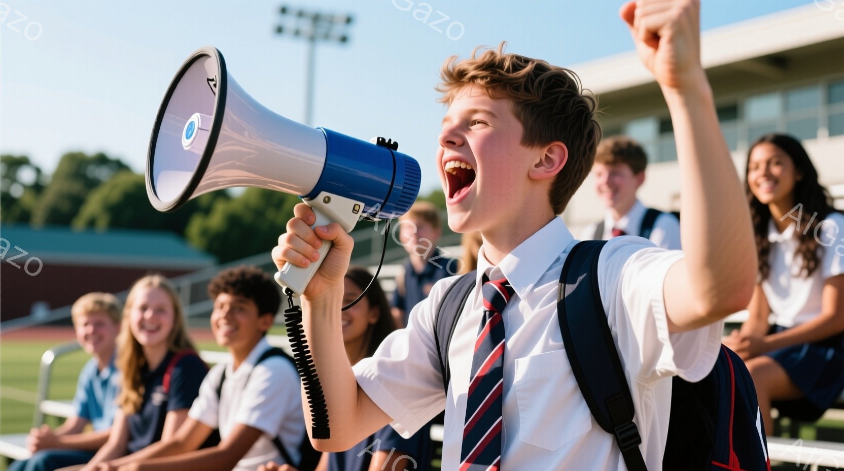 若い男の子が拡声器を手に、満面の笑みを浮かべて叫んでいる。彼は白いシャツにネクタイ、ブレザーを着ており、背にはリュックサックを背負っている。背景には芝生と観客席があり、他の生徒たちが座って彼を見ている。青空の下、活気に満ちた雰囲気が感じられる。