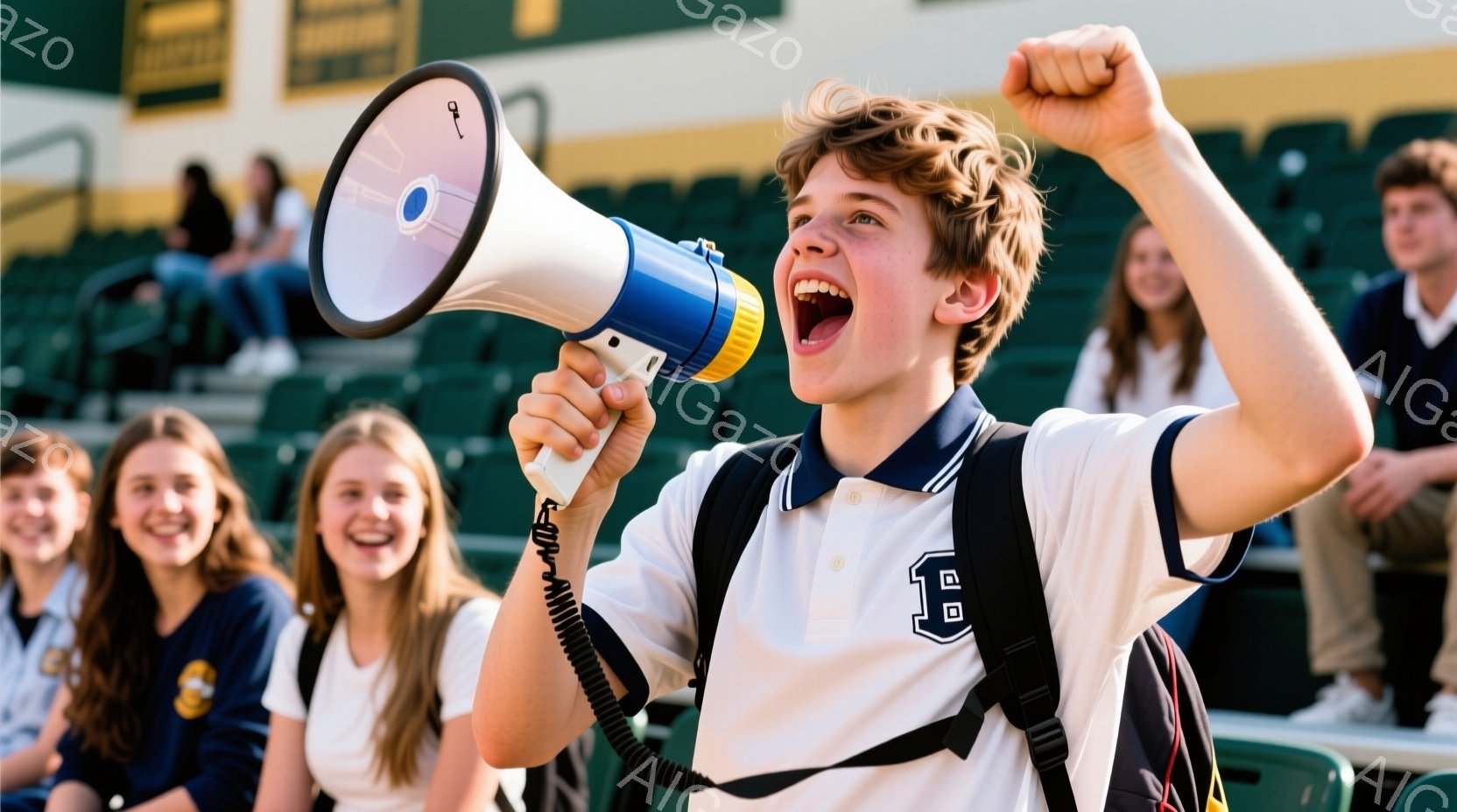 若い男性が拡声器を使って叫んでおり、興奮した表情をしています。彼は白いポロシャツに黒いバックパックを背負い、髪は少し無造作にセットされています。背景には観客席と他の生徒がおり、晴れた屋外で活気に満ちた応援の雰囲気が漂っています。