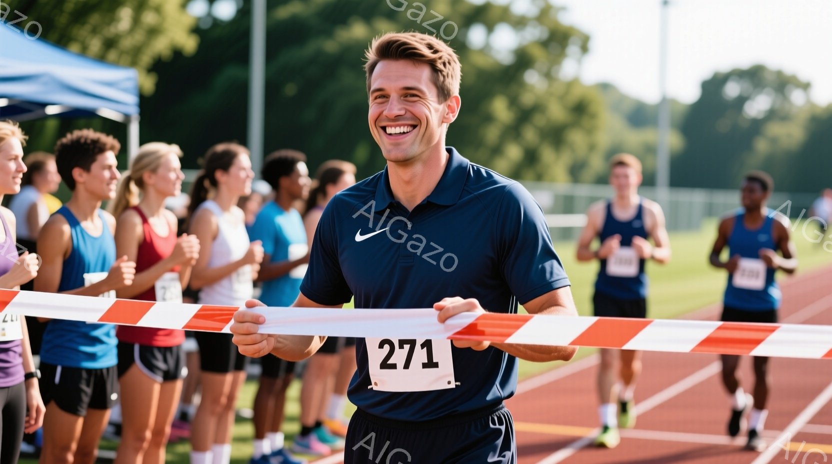 紺色のランニングシャツと黒いショーツを着た男性が、フィニッシュラインを越えようとしており、満面の笑みを浮かべている。彼は胸に「271」のゼッケンをつけており、背景には他のランナーや観客、そして緑豊かな木々が見える。晴れた日の屋外競技場の、活気に満ちた勝利の瞬間を捉えた写真である。