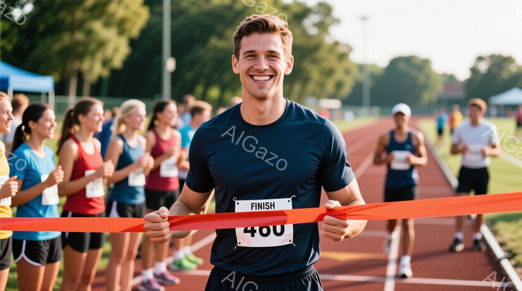 男は競技トラックのフィニッシュラインを越え、顔には満面の笑みが広がっています。黒いランニングシャツに、胸に「400」と書かれたゼッケンをつけ、短髪で整髪されています。背景には他のランナーや観客、そして緑豊かな自然が見え、晴天の下で活気ある競技が行われている様子が伺えます。