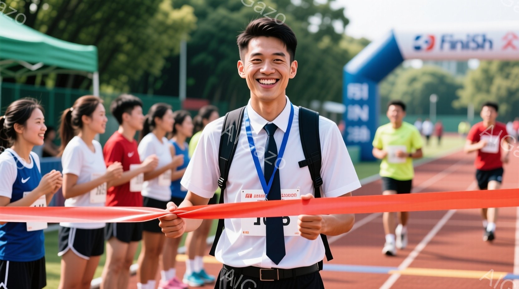 若い男性が赤色のリボンテープを両手で引き、満面の笑みを浮かべている。彼は白いシャツに黒いネクタイ、黒いズボンを着用し、肩にはリュックサックを背負っている。背景には他の参加者や観客、そして緑豊かな自然が見え、晴れた日のマラソン大会の様子を捉えている。