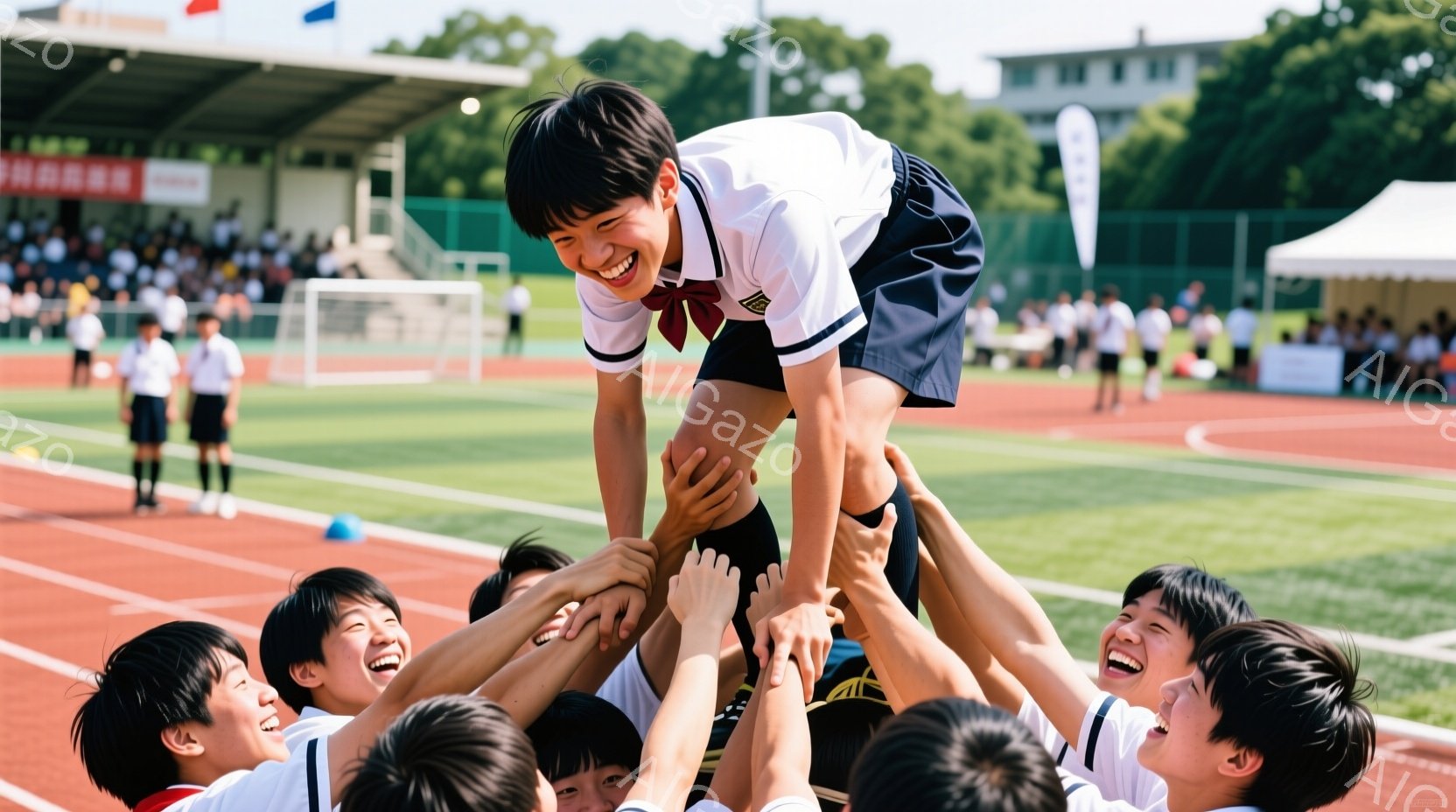 複数の男子高校生が、仲間を肩車し歓喜している様子が写っている。彼らは皆、白いシャツに紺色のズボンという制服を着用し、笑顔を見せている。背景には、サッカー場、観客席、青空が広がり、晴天の下でスポーツイベントが行われているような、活気に満ちた雰囲気が漂っている。