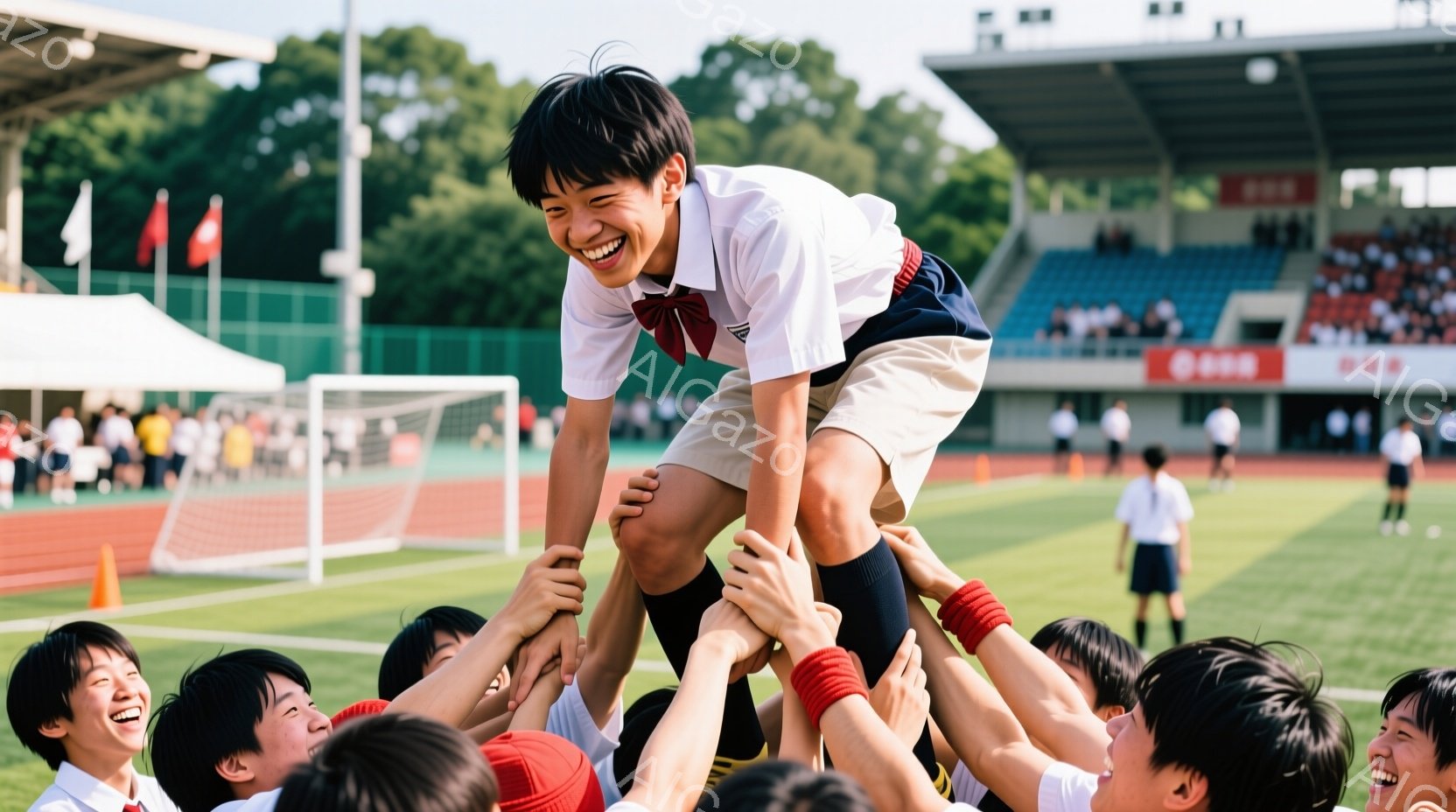 少年がチームメイトによって肩車され、満面の笑みを浮かべている。彼らは白いシャツとショートパンツの制服を着ており、一部は赤いヘッドバンドをしている。背景には緑のサッカー場、観客席、そして晴れた空が広がり、勝利の喜びを分かち合う活気のある雰囲気が伝わってくる。