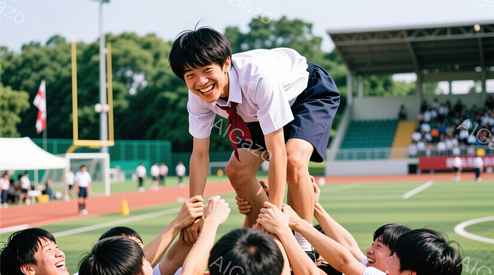 陸上競技場にて、制服を着た男子生徒がチームメイトに担がれて歓喜しています。彼は短髪で、満面の笑みを浮かべ、顔は赤らんでいます。背景には緑の芝生、観客席、そして明るい青空が広がっており、チームの勝利を祝う活気あふれる瞬間を捉えています。