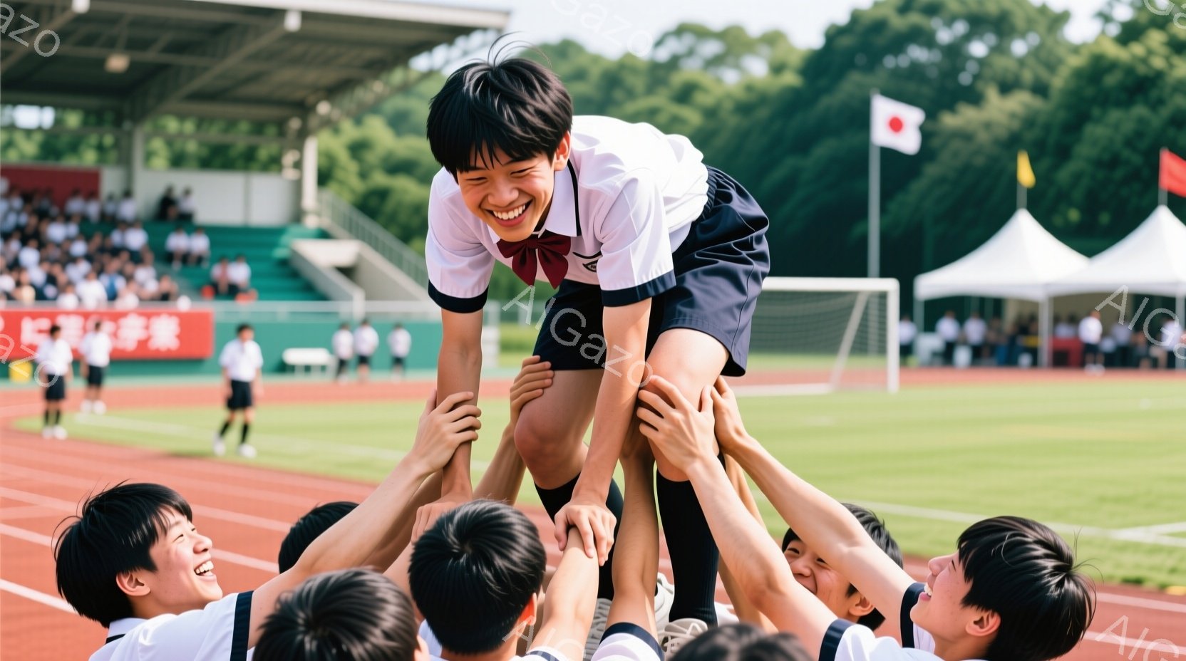 少年たちが競技場のトラック上で、一人の少年を担いで歓喜している様子が写っている。彼らは皆、白いシャツに紺色の短パンという制服のような服装で、笑顔を浮かべており、活気に満ちている。背景には観客席や緑豊かな木々が見え、晴天の下、運動会や試合の勝利を祝う様子がうかがえる。