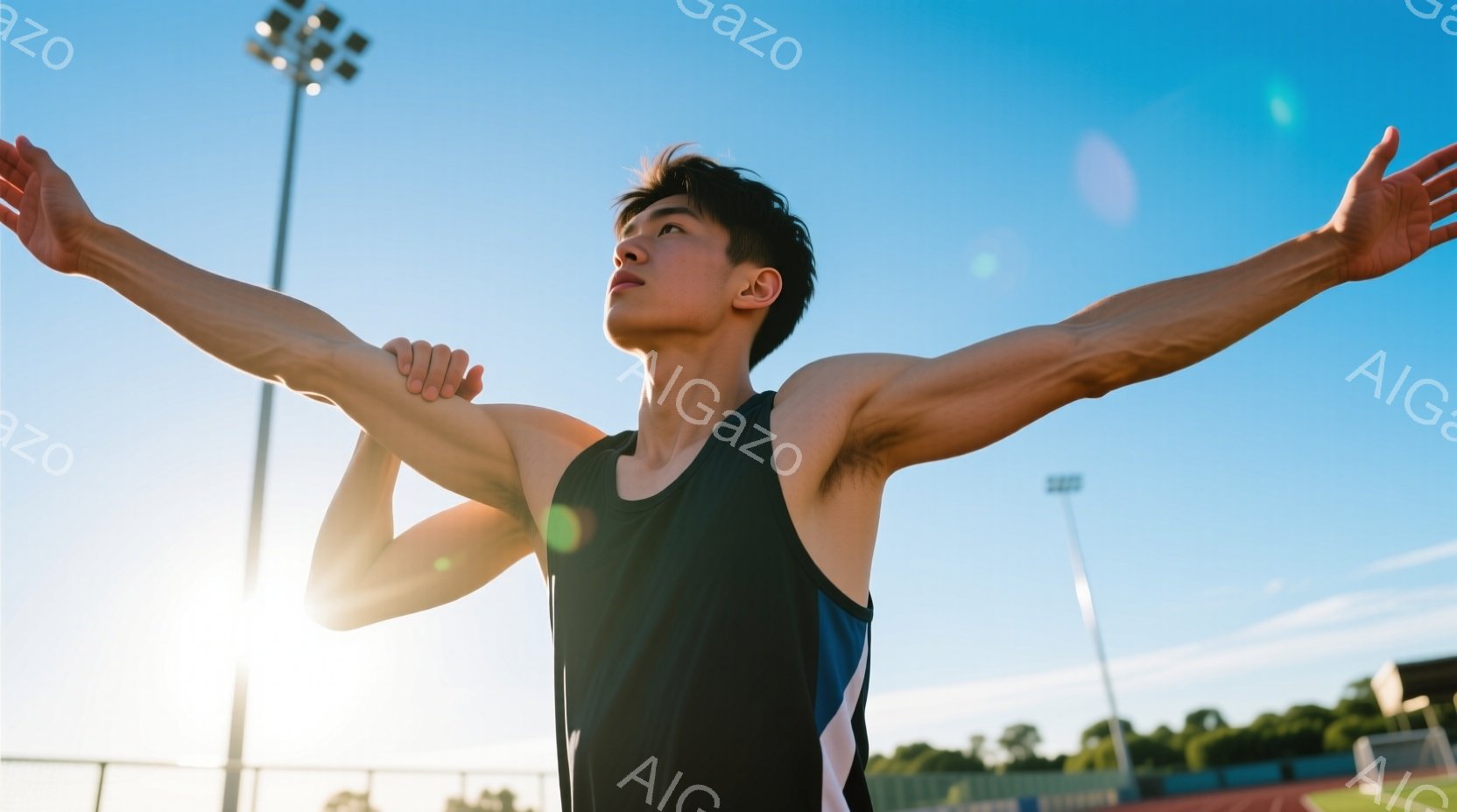 若い男性が競技場で両腕を広げ、勝利を祝っている様子が写っている。彼は黒いタンクトップと短パンを着用し、短髪で引き締まった体格をしている。背景にはトラック、緑の芝生、そして晴天の空と街灯が広がり、明るく活気のある雰囲気を醸し出している。