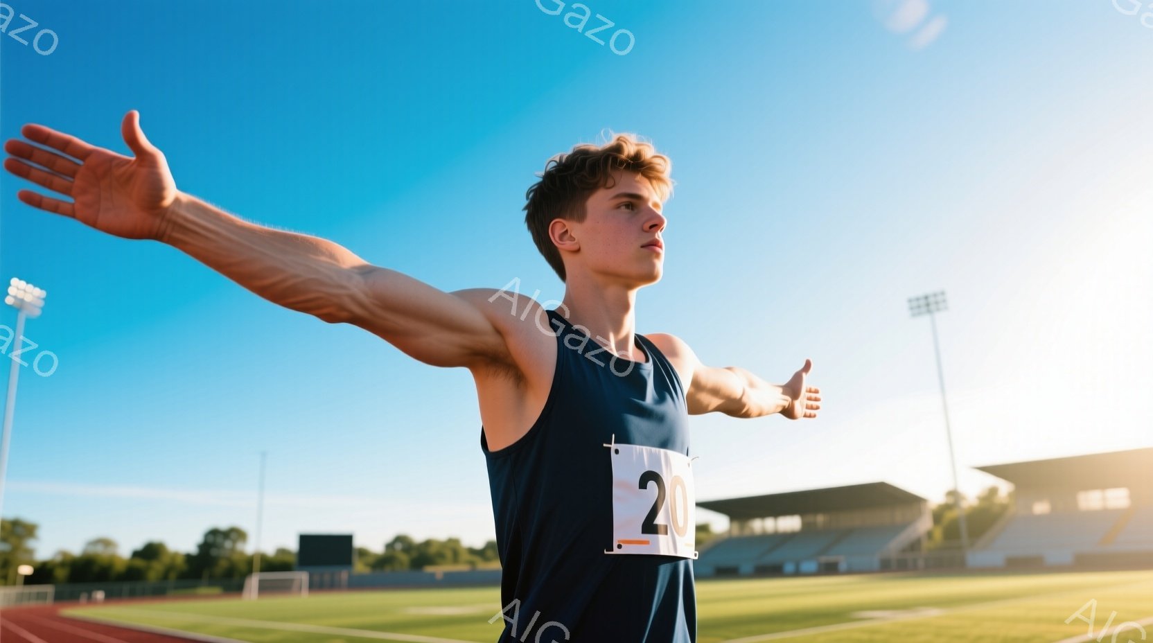 若い男性アスリートが競技場を走っている途中で、両腕を広げて勝利をアピールしている。彼は黒のタンクトップと短パンを着用しており、髪は短くブロンドで、表情は自信に満ち溢れている。背景にはトラック、観客席、そして晴れた空が広がり、スポーツイベントの活気と爽やかな雰囲気を伝えている。