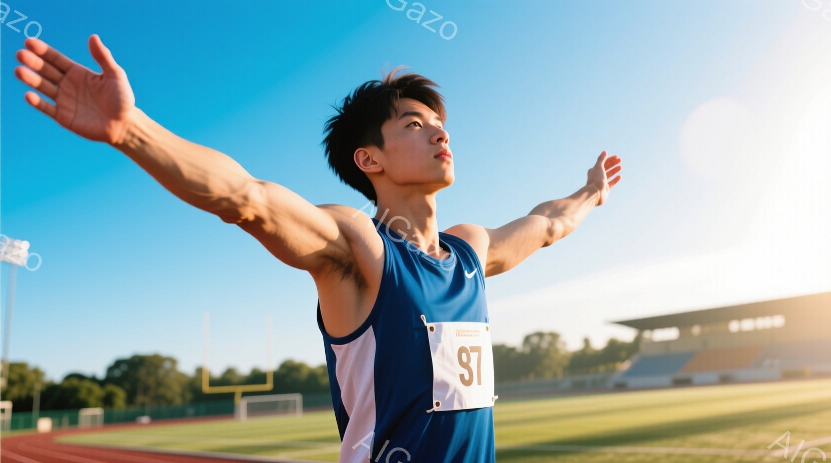 競技場を背景に、青と白のランニングシャツを着た男性が両手を広げ、勝利を祝っている様子が写っている。彼は黒髪で、顔には達成感と喜びの表情が見て取れる。晴れた空の下、トラックの鮮やかな赤色が彼の姿を際立たせ、競技場の緑と合わせて爽やかな雰囲気を醸し出している。