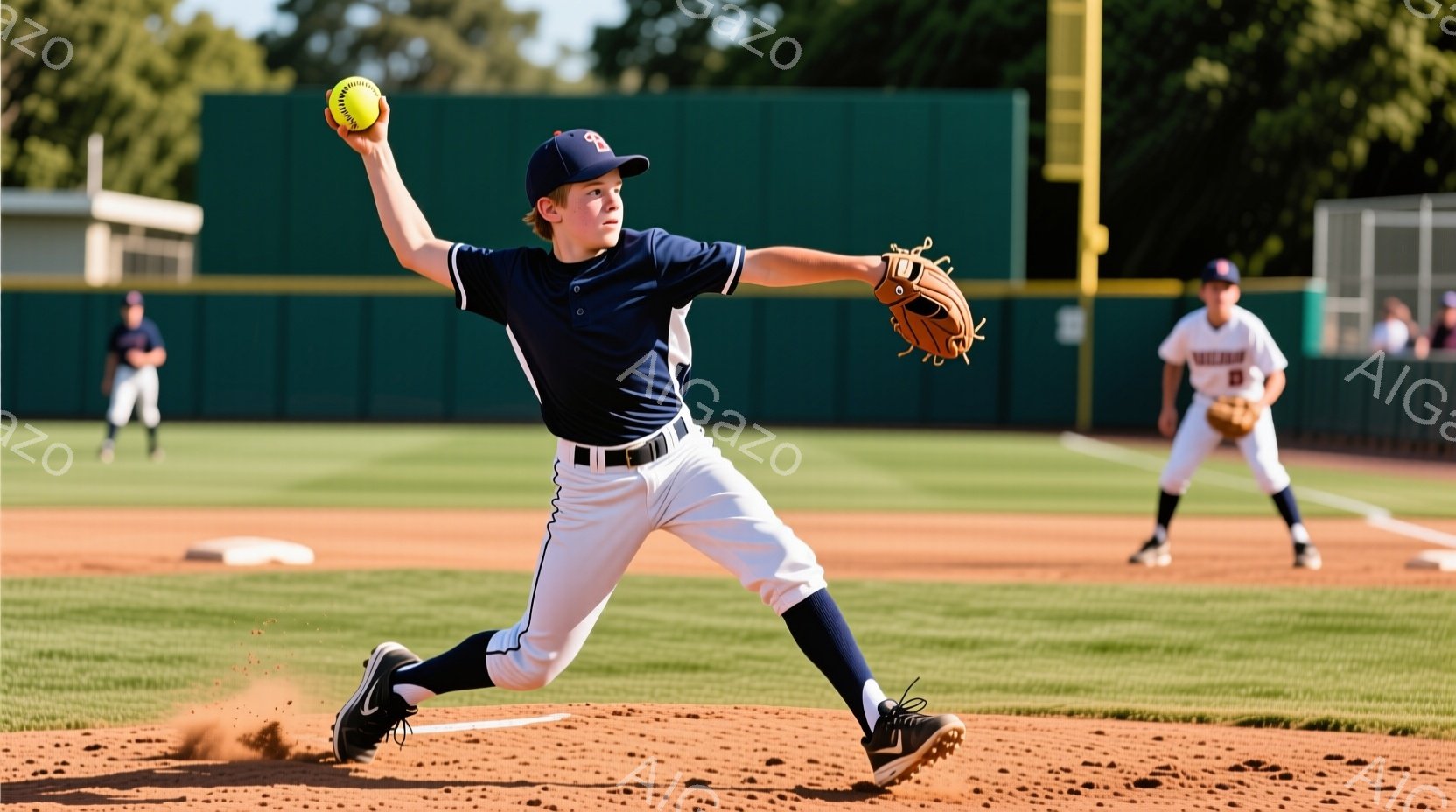少年野球選手が投球動作中です。紺色のユニフォームと帽子を身に着け、右手にボールを持ち、左腕を大きく振りかぶる姿は躍動感に満ちています。背景には緑の芝生と建物が見え、晴天の下、活気のある試合の雰囲気が伝わってきます。