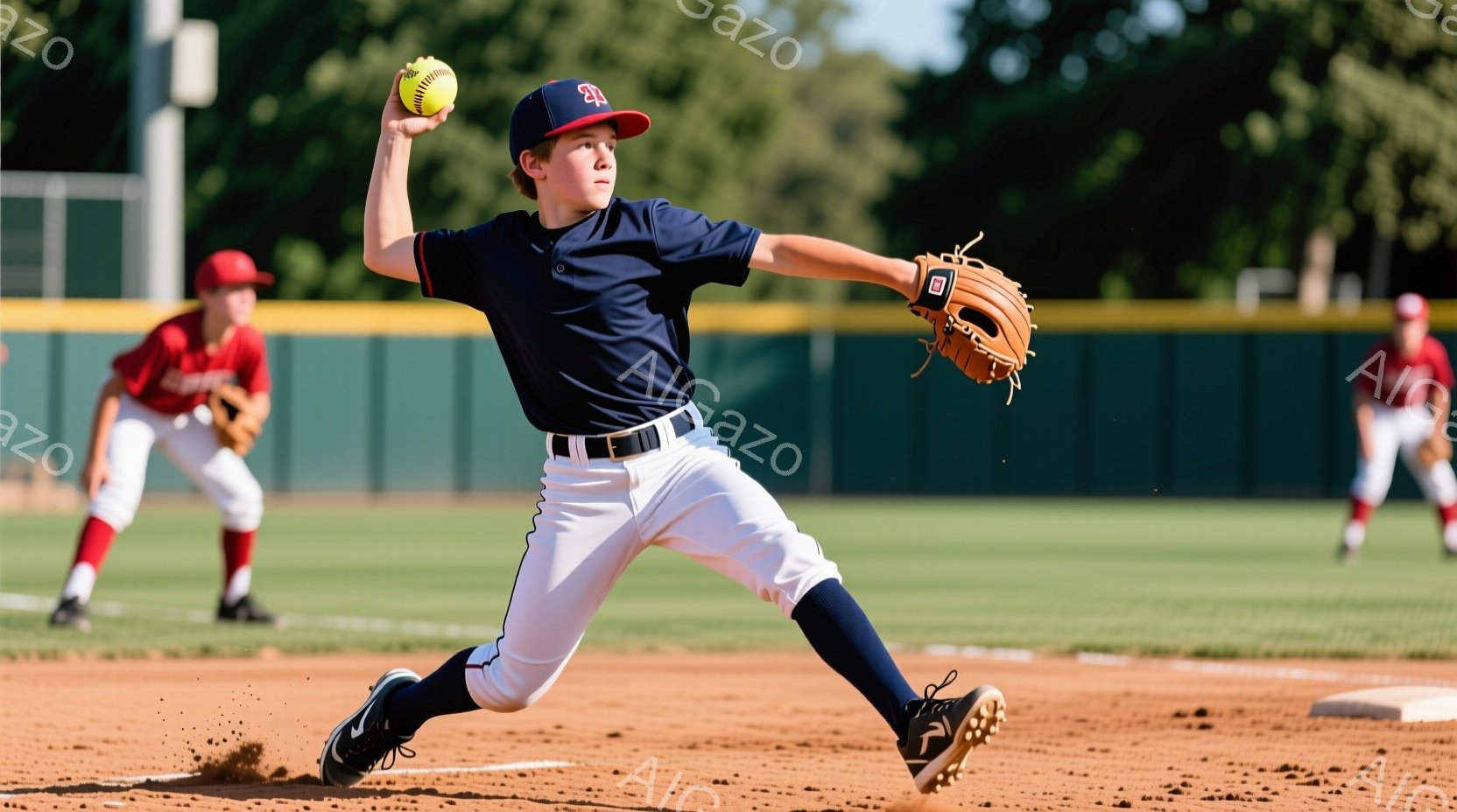 少年は野球場で投球動作に入っている。濃い紺色のユニフォーム、白のズボン、黒のソックス、そして野球帽を身に着けており、顔は真剣な表情を浮かべている。背景には緑の芝生と、ぼやけた他の選手や観客が見え、晴れた日の試合の様子が伝わる。