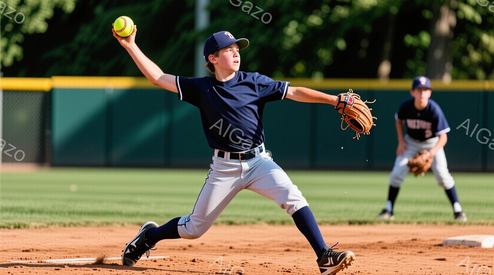野球の試合中の若い野球選手がボールを投げる瞬間を捉えています。選手は濃い青色のユニフォーム、帽子、ソックスを着用し、投球の姿勢で左足を大きく踏み出しています。背景には緑の木々やフェンスが見え、晴天の下、試合が行われている様子が伺えます。