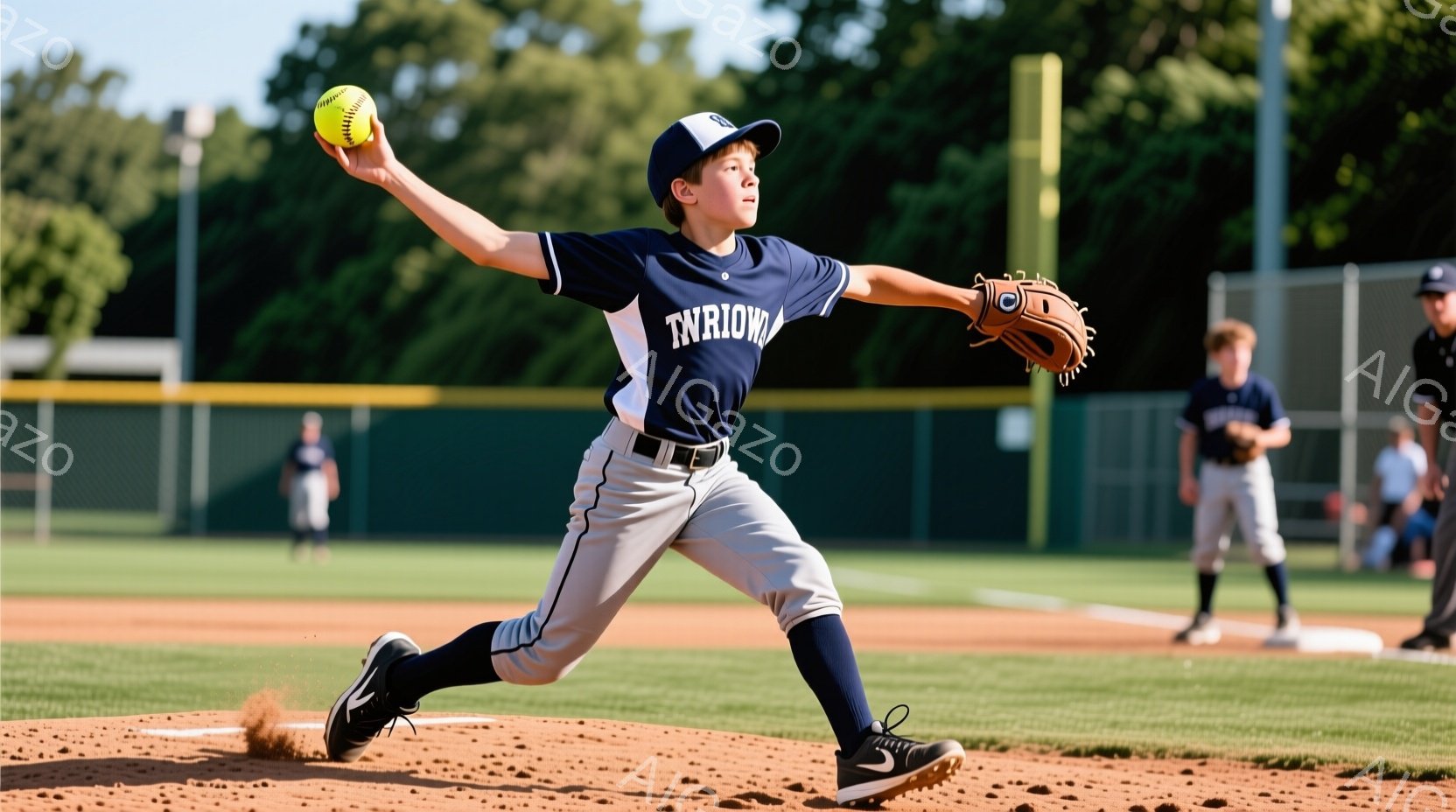 少年は野球場で投球の動作をしており、濃い紺色のユニフォームとキャップを着用し、野球ボールを投げようとしている。彼の表情は真剣で、集中した様子が伺える。背景には緑豊かな木々と青空が広がり、屋外の野球ゲームの活気ある雰囲気が漂っている。
