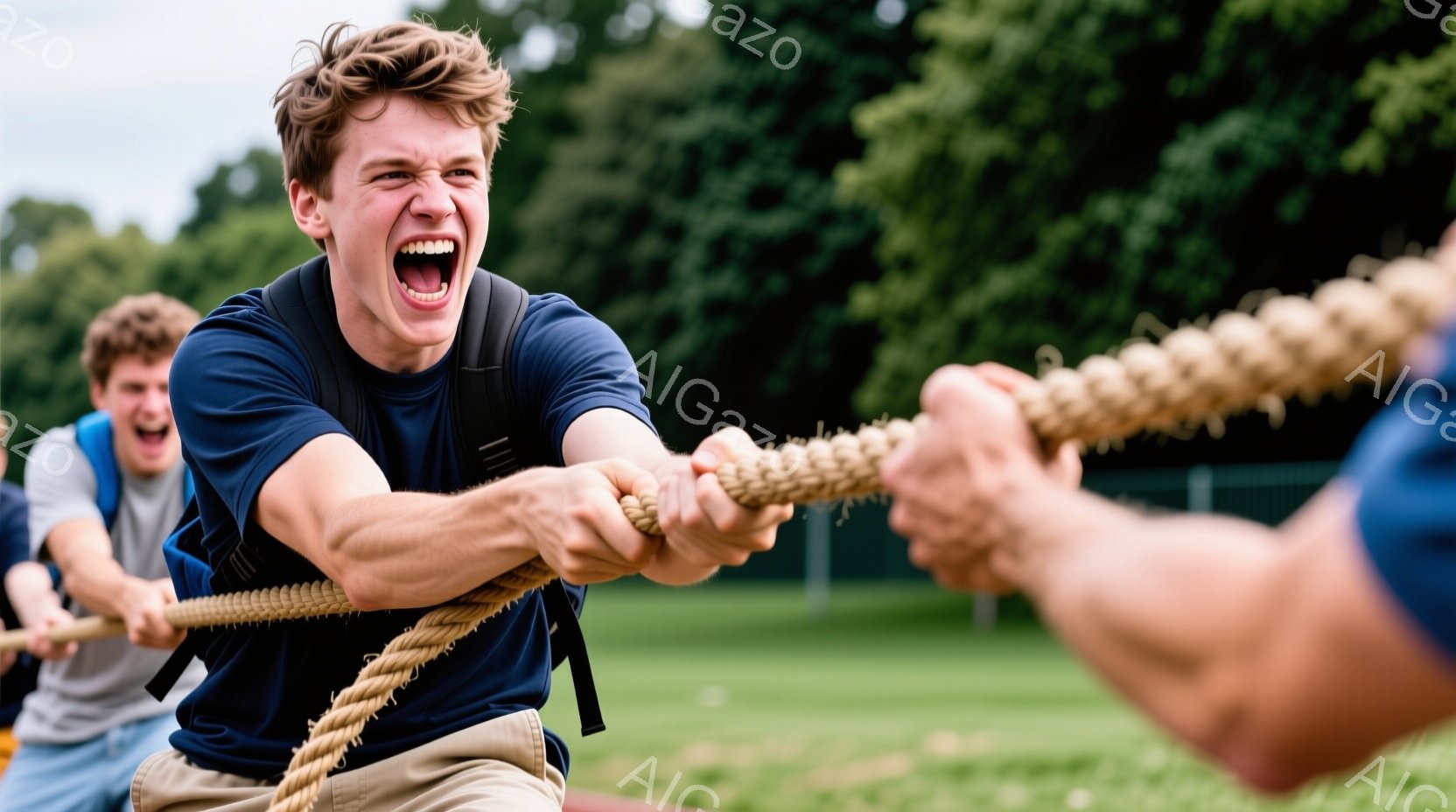 若い男性が力強く綱引きをしている様子が写っている。彼は濃い青色のTシャツとベージュ色のズボンを着用し、髪は短く、表情は力みと集中を伴った叫び声を上げている。背景には緑豊かな芝生と木々が見え、晴天の下で - AI生成フリー素材