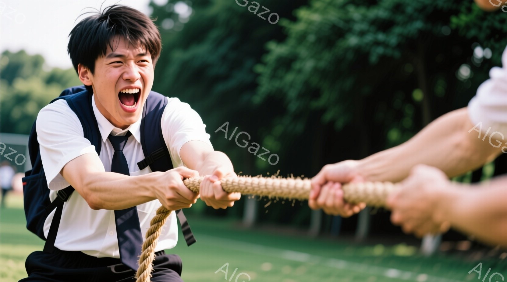 制服を着た若い男性が、力強く綱引きをしている様子が写っている。彼は真剣な表情で、歯をむき出しにし、全身を使って綱を引いている。背景には緑の芝生と木々が見え、晴天の下で活気のある綱引き大会が行われている - AI生成フリー素材