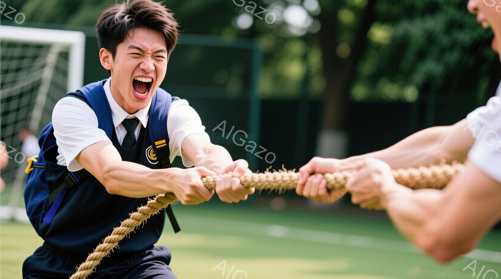 青少年が綱引きの最中に写っており、紺色のベストと白いシャツ、ネクタイ姿で、力強く綱を引いている様子が伺える。髪は短く、顔は緊張と努力で赤らみ、真剣な表情で勝利を目指している。背景には緑の芝生と木々が見え、晴天の下、活気に満ちた競技の雰囲気が伝わってくる。