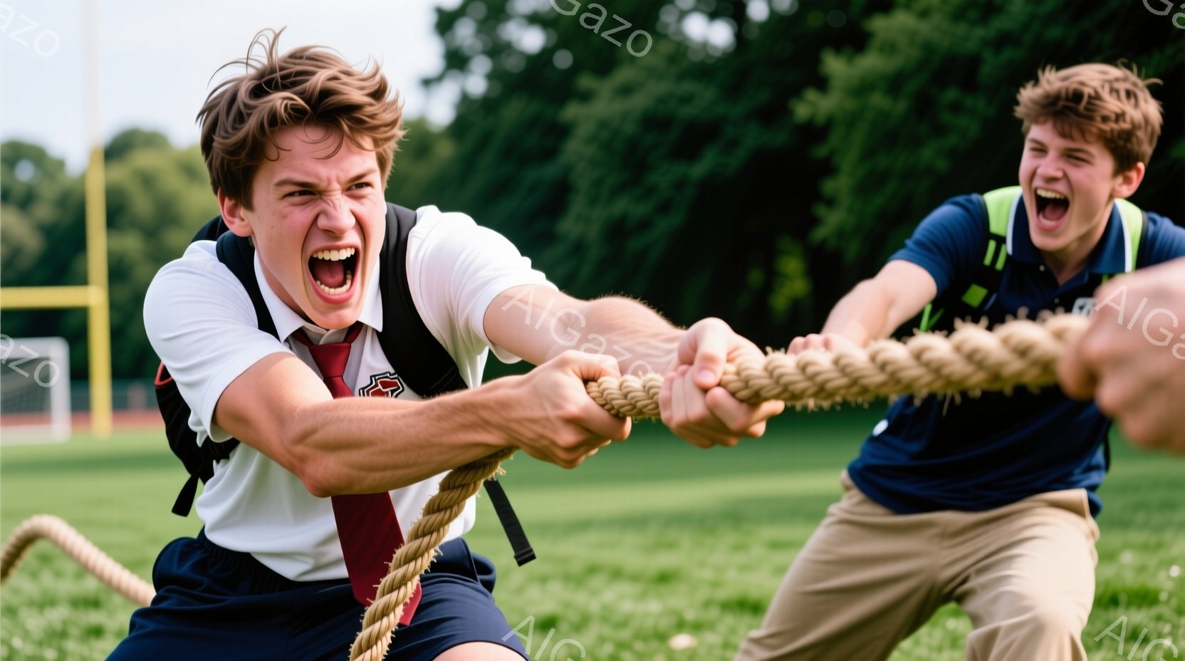 若者二人が綱引きをしている様子が写っている。片方の若者は白いシャツに紺色の短パン、もう片方は紺色のシャツにベージュ色のズボンを着用し、顔を真っ赤にして懸命に綱を引いている。背景には緑の芝生とぼやけた木々が見え、晴天の下、活気に満ちた雰囲気である。