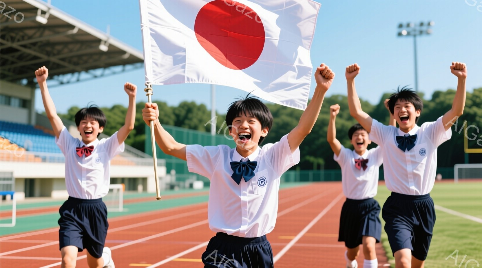 4人の少年が陸上競技場のトラック上を走っており、一番前の少年が日本国旗を掲げて勝利を祝っている。彼らは皆、白いシャツに青いネクタイとショーツ姿で、髪は短く整えられ、顔は喜びと興奮で輝いている。背景には青空と観客席が見え、晴天の下で活気あふれる勝利の瞬間が捉えられている。