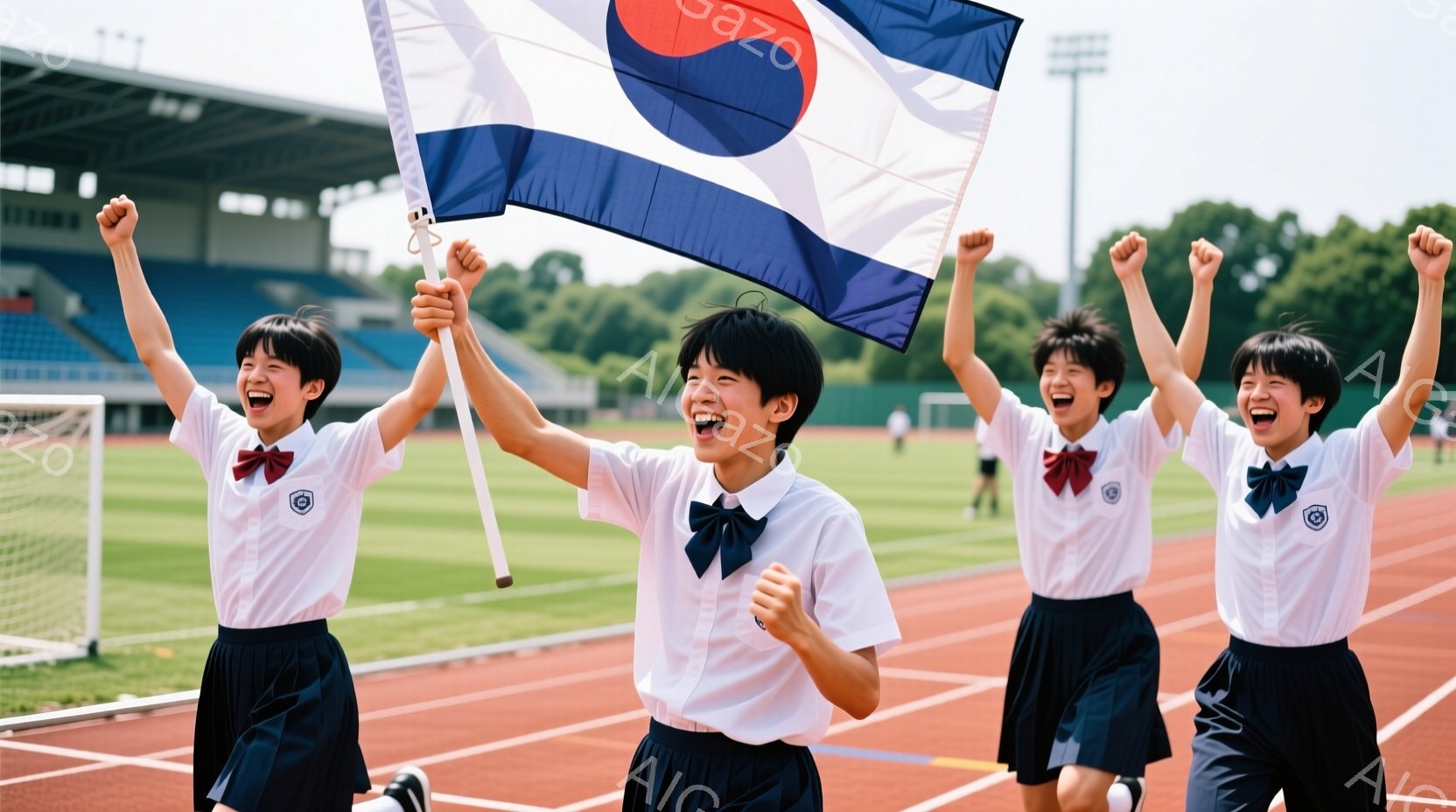 四人の少年がトラック競技場でお互いに肩を組み、韓国の国旗を高々と掲げています。彼らは白いシャツにネクタイ、黒いズボンを着用し、笑顔で興奮した表情を浮かべています。背景には緑豊かな芝生、観客席、そして晴天の空が広がっており、勝利や達成感を表現した躍動感のある一枚です。