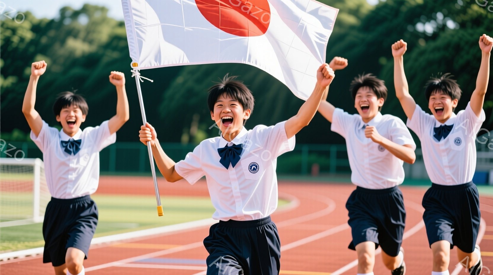 陸上競技場のトラックを四人の男子学生が走っている様子が写っている。紺色の短パンと白いポロシャツ姿で、一人が日の丸の旗を高く掲げ、皆笑顔で走っており、喜びと興奮に満ちた様子が伝わってくる。背景には緑豊かな木々が見え、晴天の下、躍動感あふれる瞬間を捉えた写真である。
