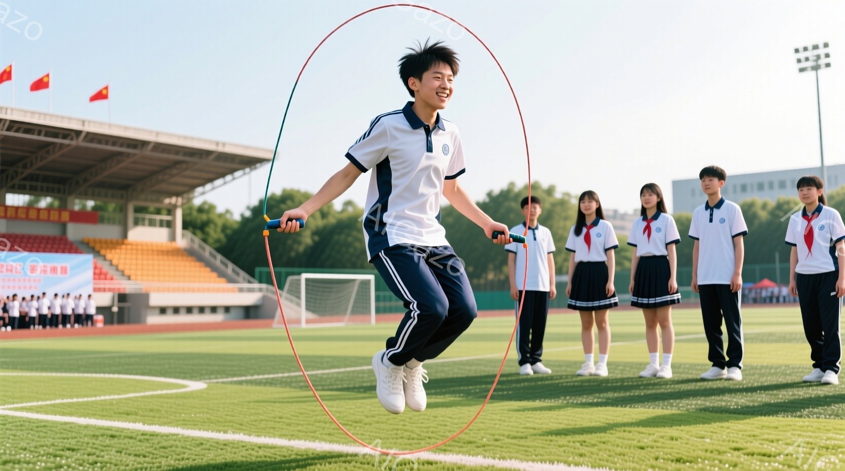 少年は跳び縄をしており、空中で高くジャンプしています。彼は白いシャツに青いズボンという制服を着ており、髪は短く整えられています。背景には、サッカー場、観客席、そして制服を着た他の生徒たちが並んでおり、晴天の下、活気のある雰囲気です。