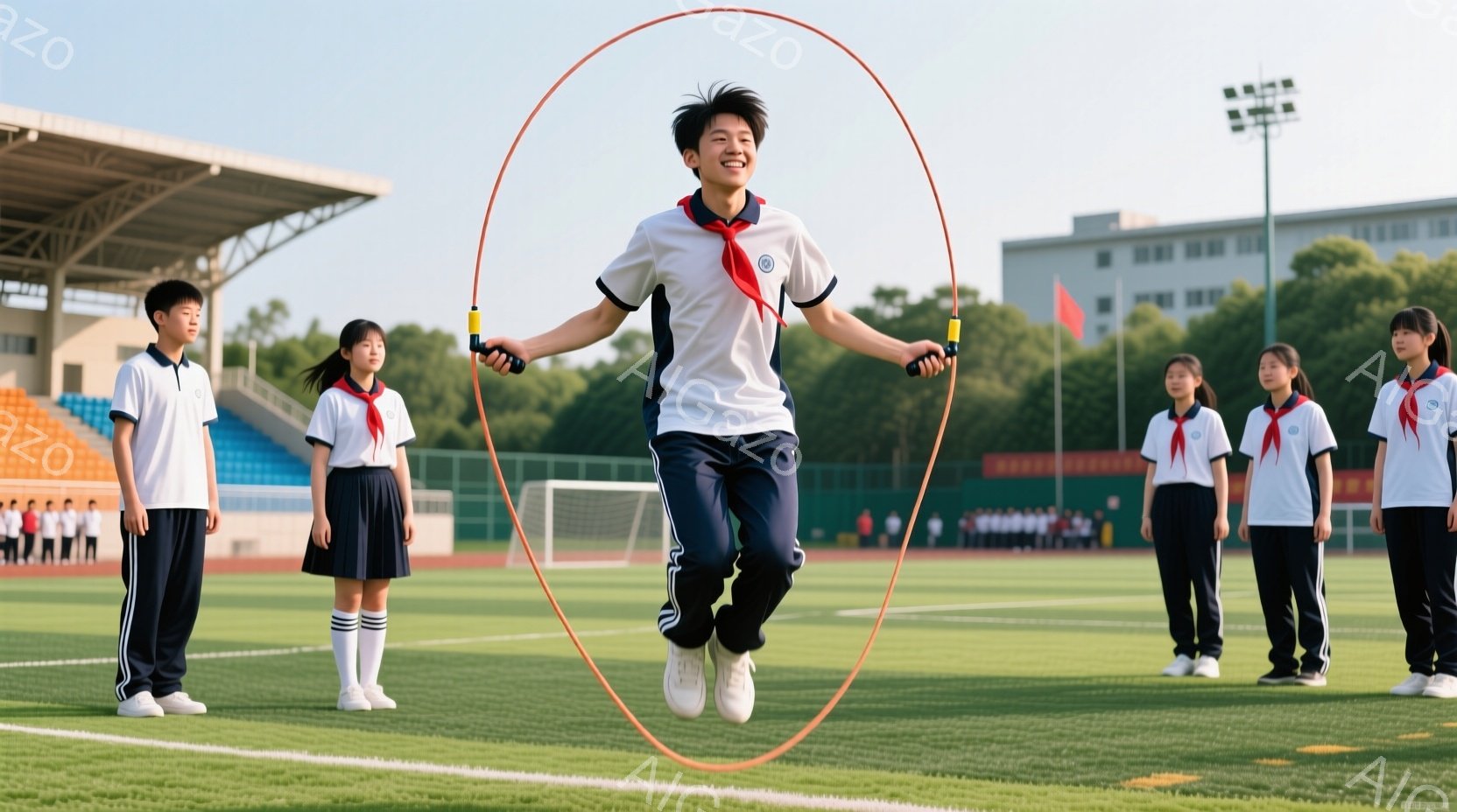 少年は緑の芝生の上で縄跳びをしており、空中で高く跳んでいます。彼は白いシャツに濃い青いズボン、そして赤いスカーフを首に巻いており、笑顔を見せています。背景には観客席や建物が見え、晴れた青空の下、活気の - AI生成フリー素材