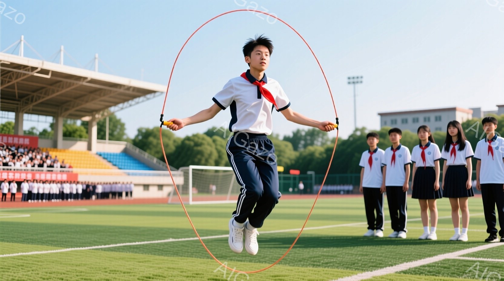 制服を着た男子生徒が、屋外のトラックで縄跳びをしている。彼は白いシャツに濃い青色のズボンを着用し、空中で高くジャンプしている。背景には、観客席と整列した他の制服の生徒たちがおり、晴れた日の屋外で活気に満ちた雰囲気を作り出している。