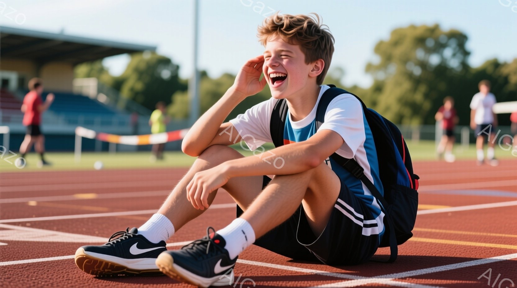 競技場のトラック上に少年が座っており、大きな笑顔を見せています。彼は青と黒のショートパンツ、白いTシャツ、白い靴下と黒いスニーカーを履いており、肩には黒いバックパックが置いてあります。背景には他の選手や観客席が見え、晴れた日の屋外で、活気のある雰囲気が伝わってきます。