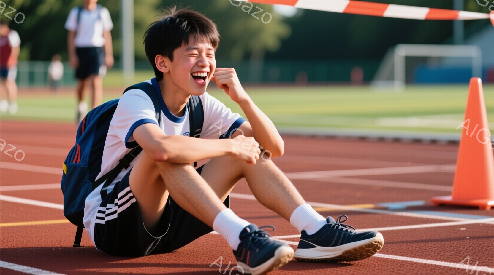 短い黒髪の少年が、陸上競技場の赤いトラックの上に座り込み、満面の笑みを浮かべている。彼は白いポロシャツに黒の短パン、白いソックスとスニーカーを履いており、背中には青いリュックサックを背負っている。背景 - AI生成フリー素材