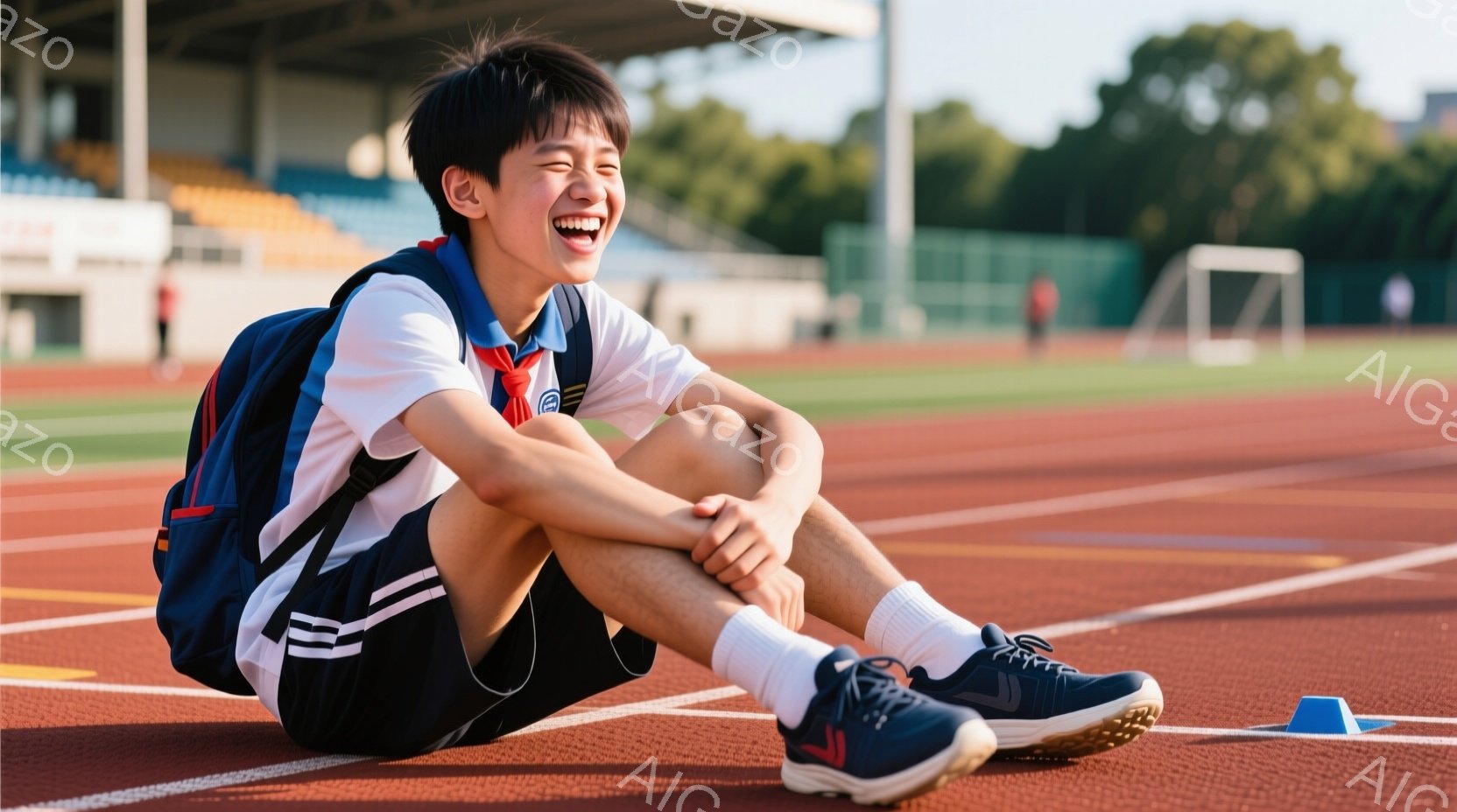 少年は陸上競技場のトラックに座り込み、大きく笑っている。紺色のバックパックを背負い、白と紺のストライプのシャツと短パン姿で、白い靴下とスニーカーを履いている。背景には緑の芝生と観客席、そして晴天の空が見え、明るく活気のある雰囲気である。