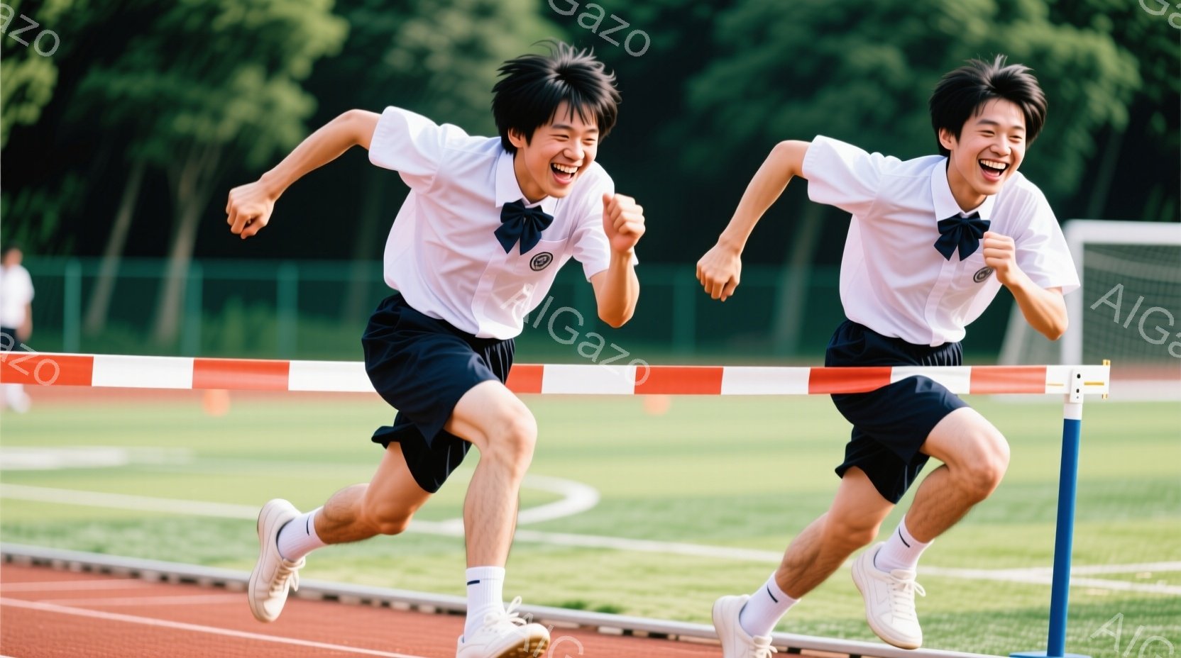 制服を着た男子生徒が、陸上競技場のハードルを飛び越えています。彼は黒い短パンと白いシャツ、ネクタイを着用し、走ることに興奮した表情をしています。背景には緑豊かな芝生と、ぼやけた建物が見え、晴天の下で活気に満ちた雰囲気です。