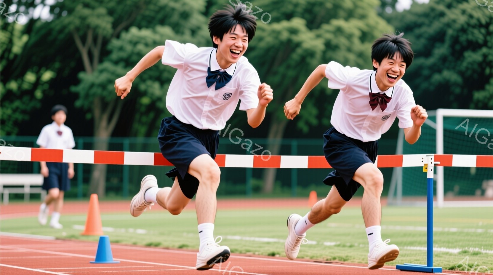 制服を着た男子生徒二人が、陸上競技場のハードルを飛び越えようとしている瞬間を捉えた写真です。彼らは明るい笑顔を見せ、躍動感のある姿勢で疾走しています。背景には緑豊かな木々とトラック、そして他の生徒たちがおり、晴れた日の活気ある運動会の雰囲気が伝わってきます。