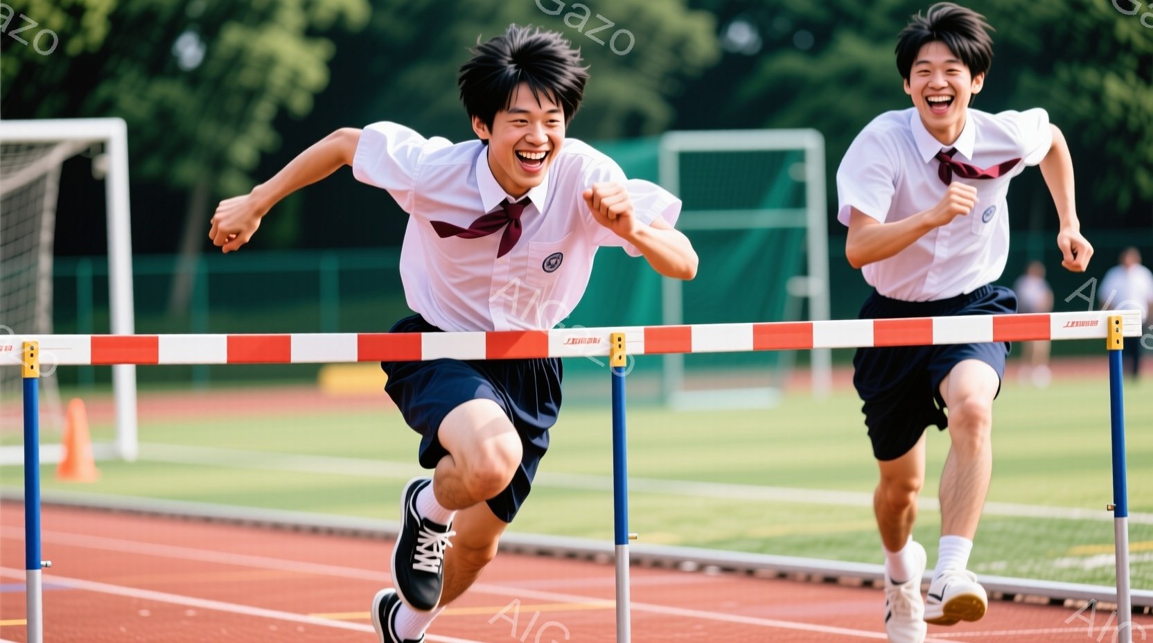 紺色の短パンと白いシャツを着た、制服姿の男子生徒二人が、陸上競技場のハードルを飛び越えています。二人は笑顔で、躍動感のある姿勢で、競技を楽しんでいる様子が伺えます。背景には緑豊かな木々と晴れた空が広がり、活気のある夏の日のスポーツシーンを捉えています。