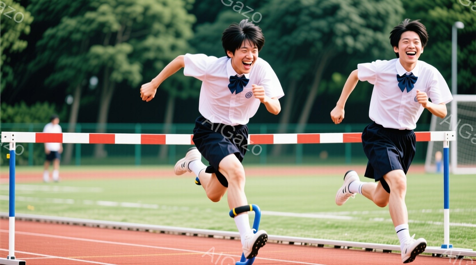 陸上競技場で、制服姿の男子生徒二人がハードルを飛び越えようとしているところです。白いシャツに黒いズボン、そしてネクタイを締め、髪は短く整えられています。背景には緑豊かな木々と青空が広がり、晴天の下、活気に満ちた競技場の様子が伝わってきます。