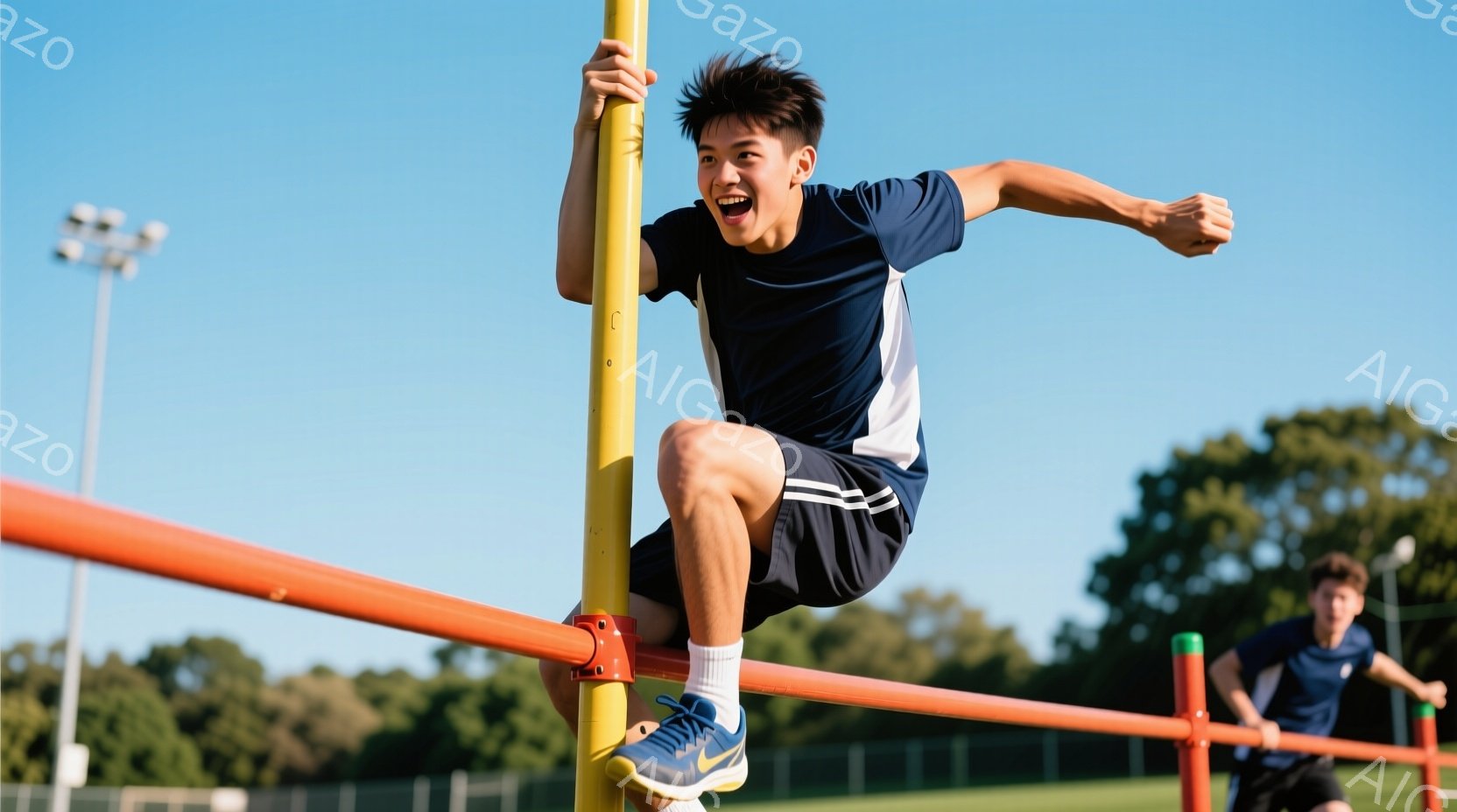 若い男性がオレンジ色の障害物を飛び越えようとしています。彼は紺色と白のストライプのTシャツと黒いショートパンツ、そして青いスニーカーを身につけ、髪は短く整えられています。背景には緑豊かな木々や芝生、そして晴れた青空が広がり、活気のある屋外スポーツの雰囲気が漂っています。