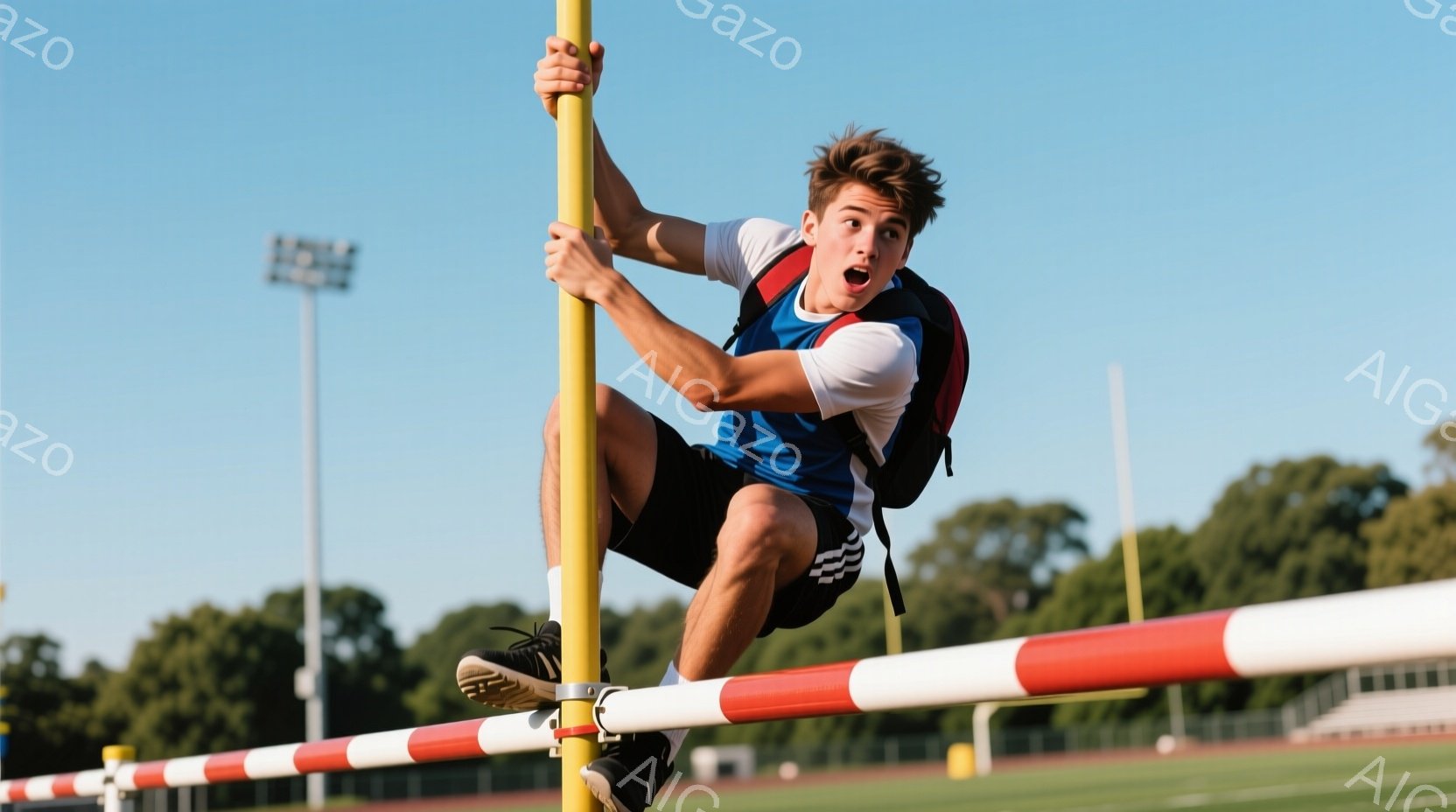 若い男性が陸上競技のハードルを飛び越えようとしています。彼は白の半袖シャツ、青と赤のトリムのショーツ、そして運動靴を履いており、髪は短く、表情は少し驚いたようです。背景には緑豊かな木々、芝生、そして晴れた青空が広がっており、競技場の一角で活気に満ちたスポーツの瞬間が捉えられています。