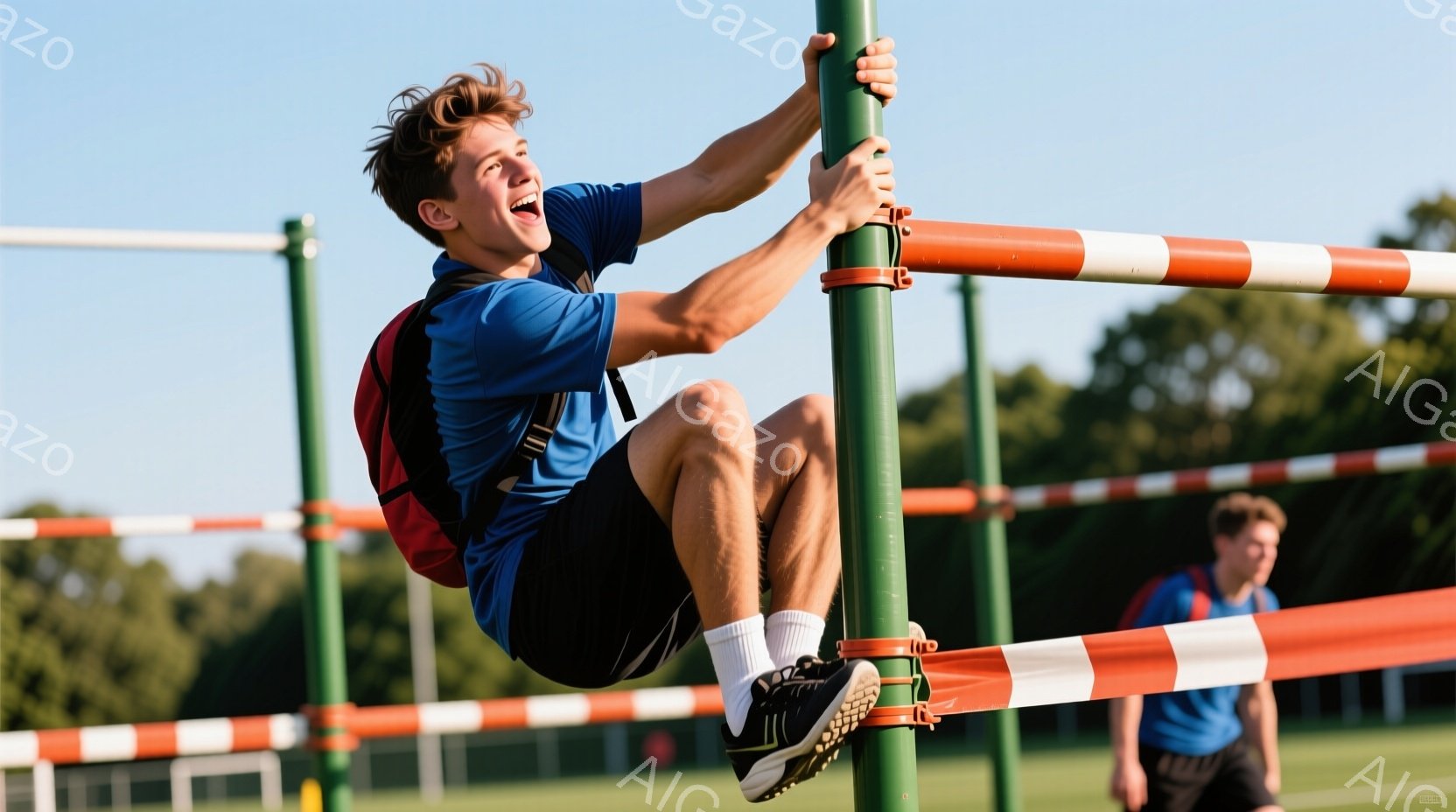 若い男性が競技用のハードルにかかっている様子が写っている。彼は青い半袖シャツと紺色の短パン、黒いランニングシューズを着用し、髪はブロンドで無造作に跳ねている。彼は喜びの表情でハードルにしがみつき、背景には緑豊かな木々と青空が広がり、晴れた日の競技場の活気を感じさせる。