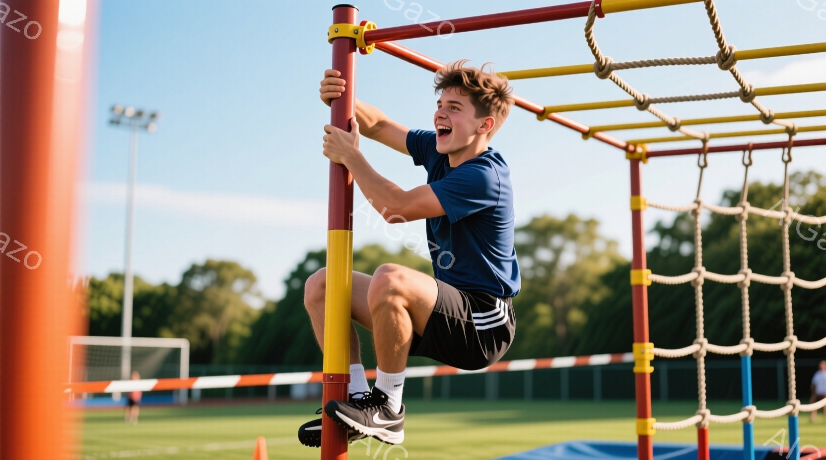 若い男性がオレンジ色の支柱につかまり、膝を抱えてぶら下がっている。彼は濃い青色のTシャツと黒いショートパンツ、白い靴下と黒いスニーカーを着用し、短い茶色の髪をしている。背景には緑の芝生、柵、そして晴れた空が広がり、活動的な屋外の雰囲気が漂っている。