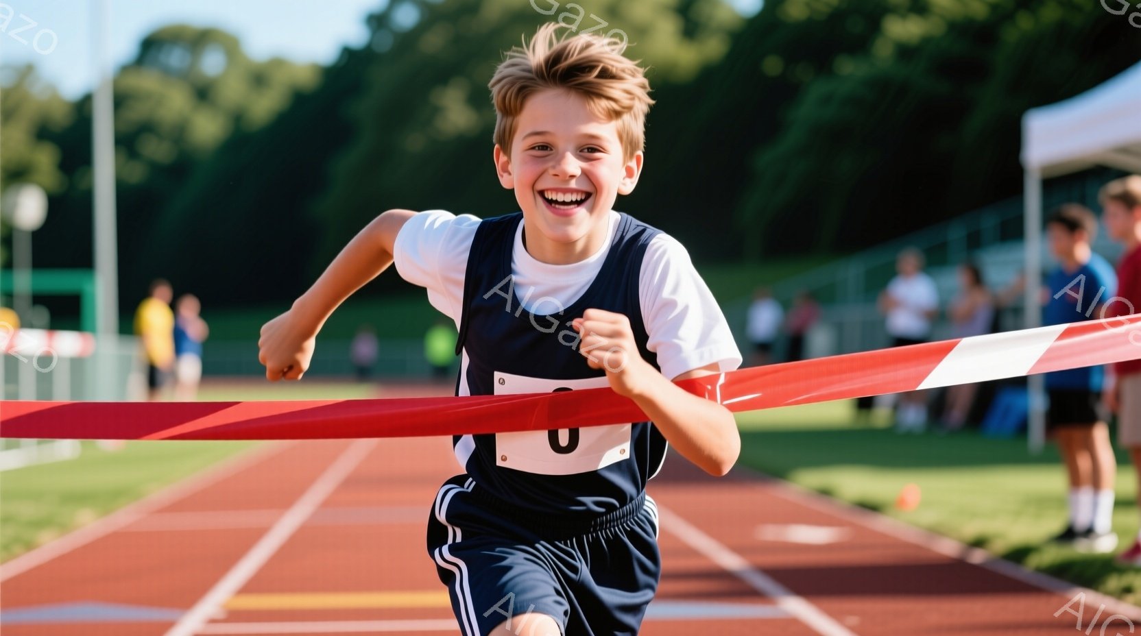 少年は、青いユニフォームと黒い短パンを着て、競技トラックを走りながらフィニッシュテープを切っています。彼の表情は喜びで満ち溢れ、髪は少し乱れています。背景には緑豊かな芝生と観客席が見え、晴れた日の競技場の活気ある雰囲気が伝わってきます。