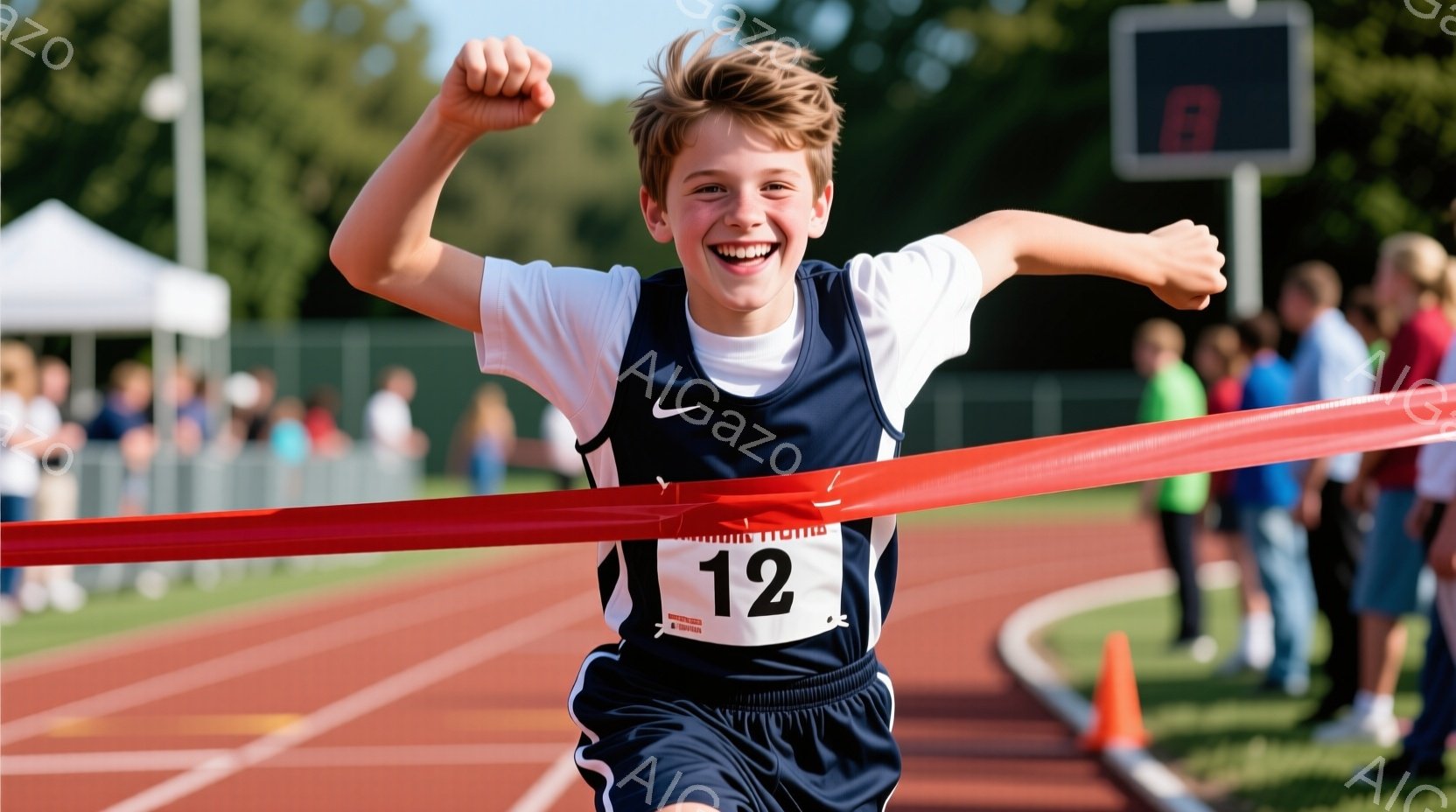 少年は競技トラックでフィニッシュラインを突破しており、勝利の喜びで両手を高く上げ、満面の笑みを浮かべている。紺色のユニフォームには「12」のゼッケンがつき、ブロンドの髪は無造作に跳ねている。背景には緑豊かな木々と観客席が見え、晴天の下で活気あふれる競技の様子が伺える。