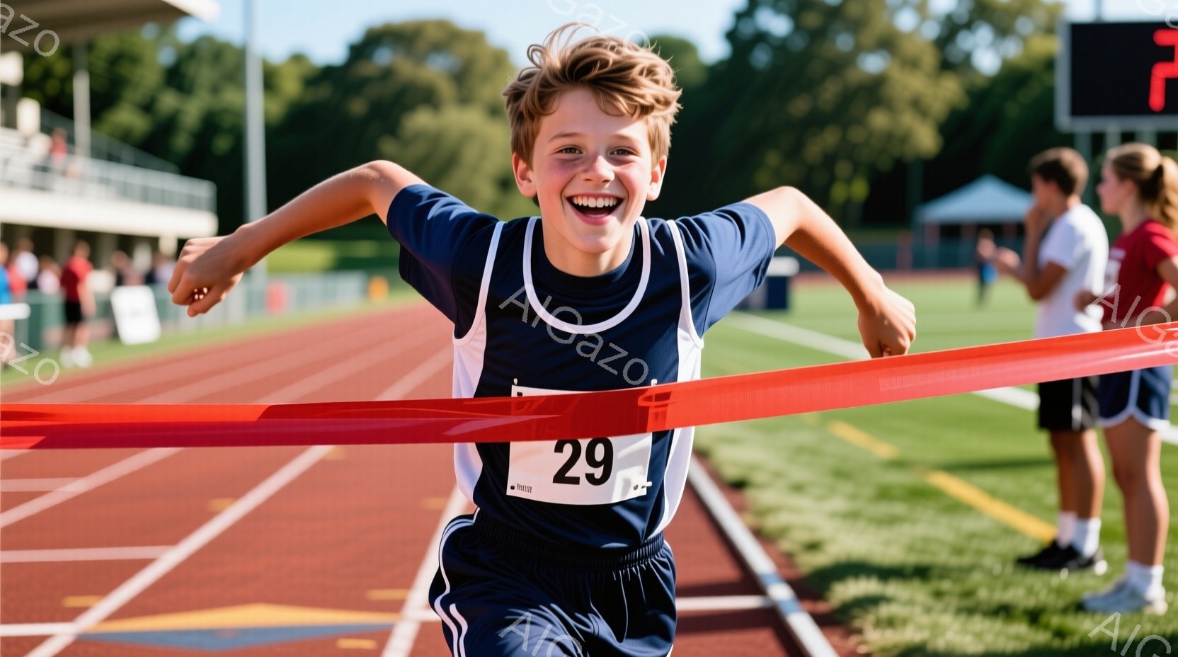 若い男の子が競技トラックを走り、フィニッシュラインを突破する瞬間に、両腕を広げて満面の笑みを浮かべている。彼は紺色のランニングシャツに「29」と書かれた番号、黒いショーツを着用し、少し乱れた茶色の髪をしている。背景には緑豊かな芝生、トラック、そしてぼやけた観客席と建物が見え、晴れた日の活気のある競技の雰囲気が漂っている。