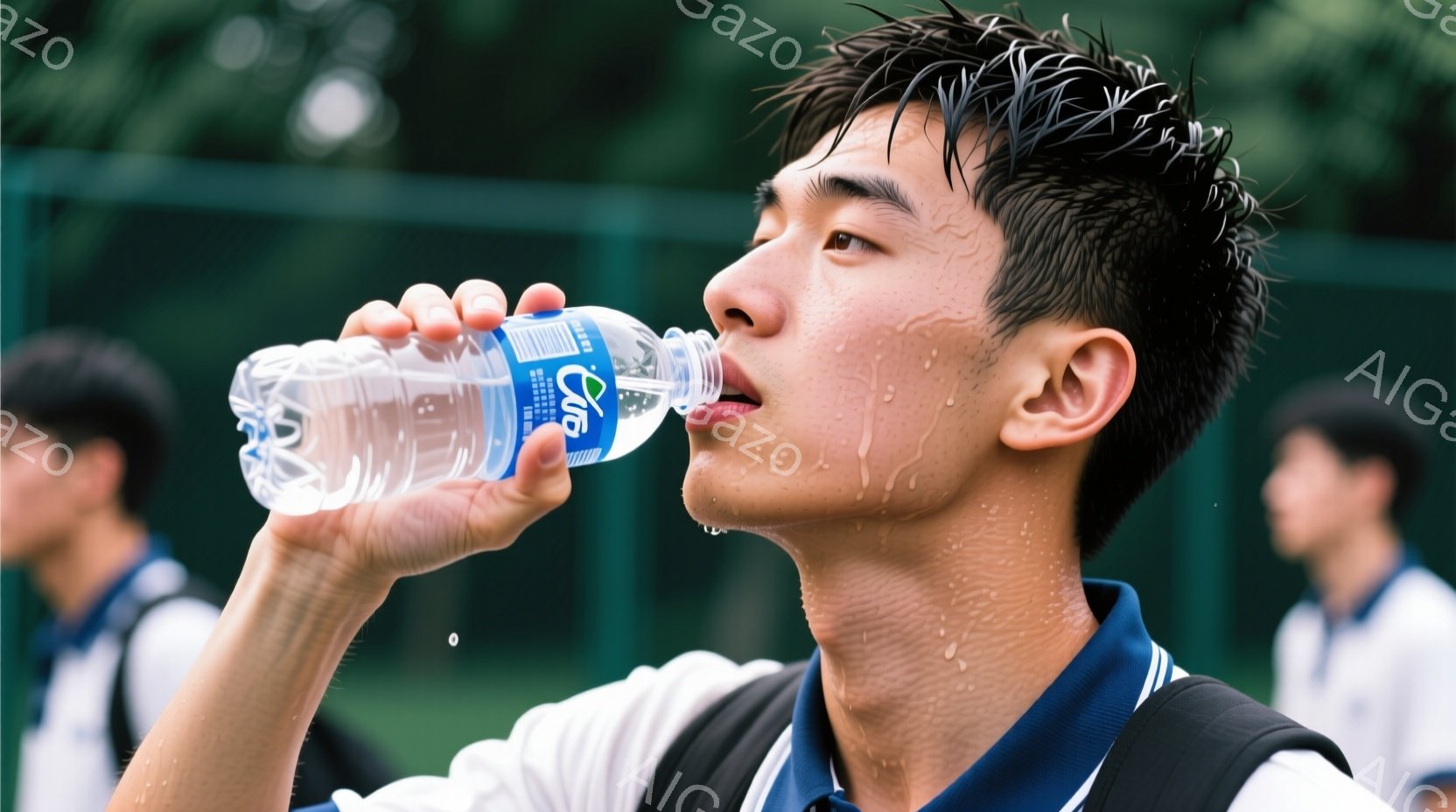 汗をかいた若い男性が、スポーツドリンクのボトルから水を飲んでいる様子が写っています。彼は黒と白のストライプのシャツを着ており、髪は濡れて額に張り付いています。背景には緑のフェンスと、ぼやけた他の選手の姿が見え、屋外のスポーツイベントの熱気を感じさせます。