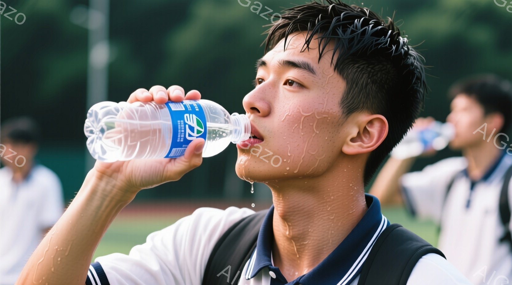 汗まみれの若い男性が、ペットボトルから水を飲んでいる様子が写っている。彼は黒と白のストライプのシャツを着ており、髪は濡れて前髪が額にかかっている。背景には、緑の芝生とぼやけた他の人物がおり、スポーツ後のリフレッシュの瞬間を捉えた写真である。
