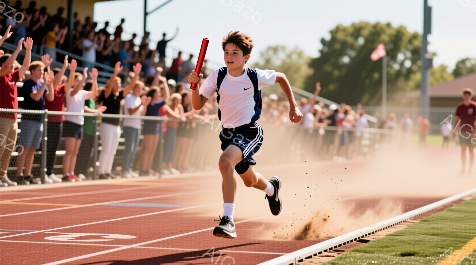 競技場で走る少年が写っている。彼は白と紺のトラックアンドフィールドのユニフォームを着ており、髪は短く整えられ、表情は真剣で集中している。背景には観客席と青空が見え、競技場全体が明るい日差しに照らされて - AI生成フリー素材