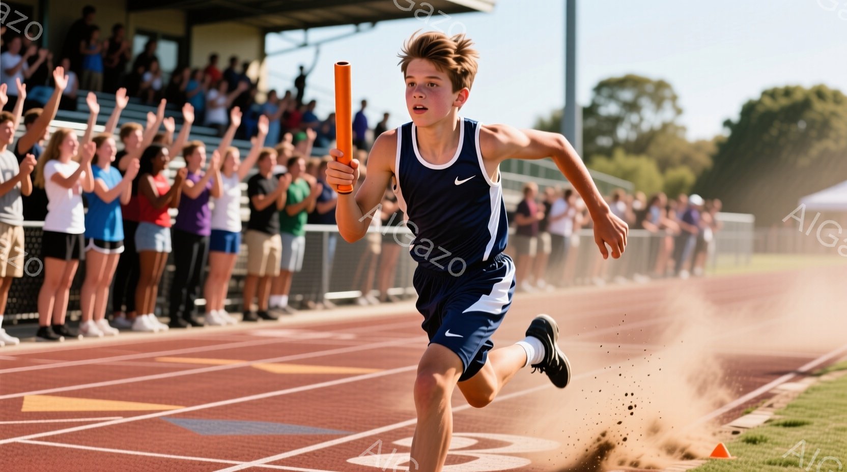 紺色の陸上競技用ユニフォームを着た少年が、トラックを全力で走っている。彼の髪はブロンドで少し乱れ、集中した表情で前を見据えている。背景には観客席と緑豊かな風景が広がり、晴れた空の下で活気のある競技が行 - AI生成フリー素材
